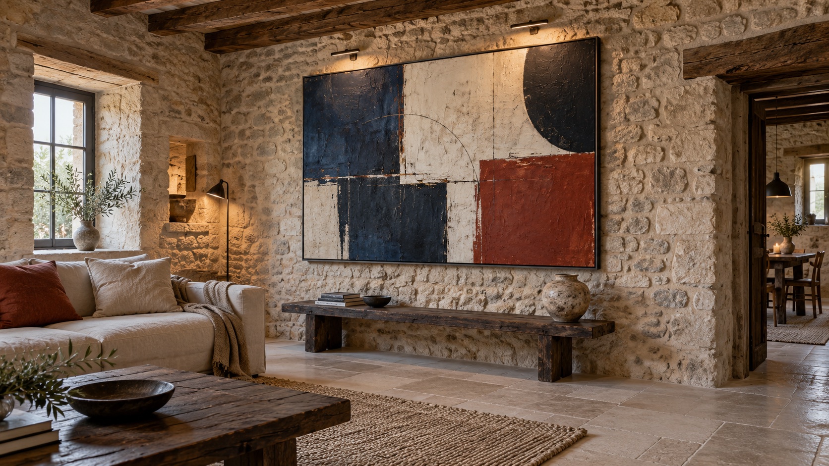 Abstract painting on a stone wall in a rustic farmhouse living room