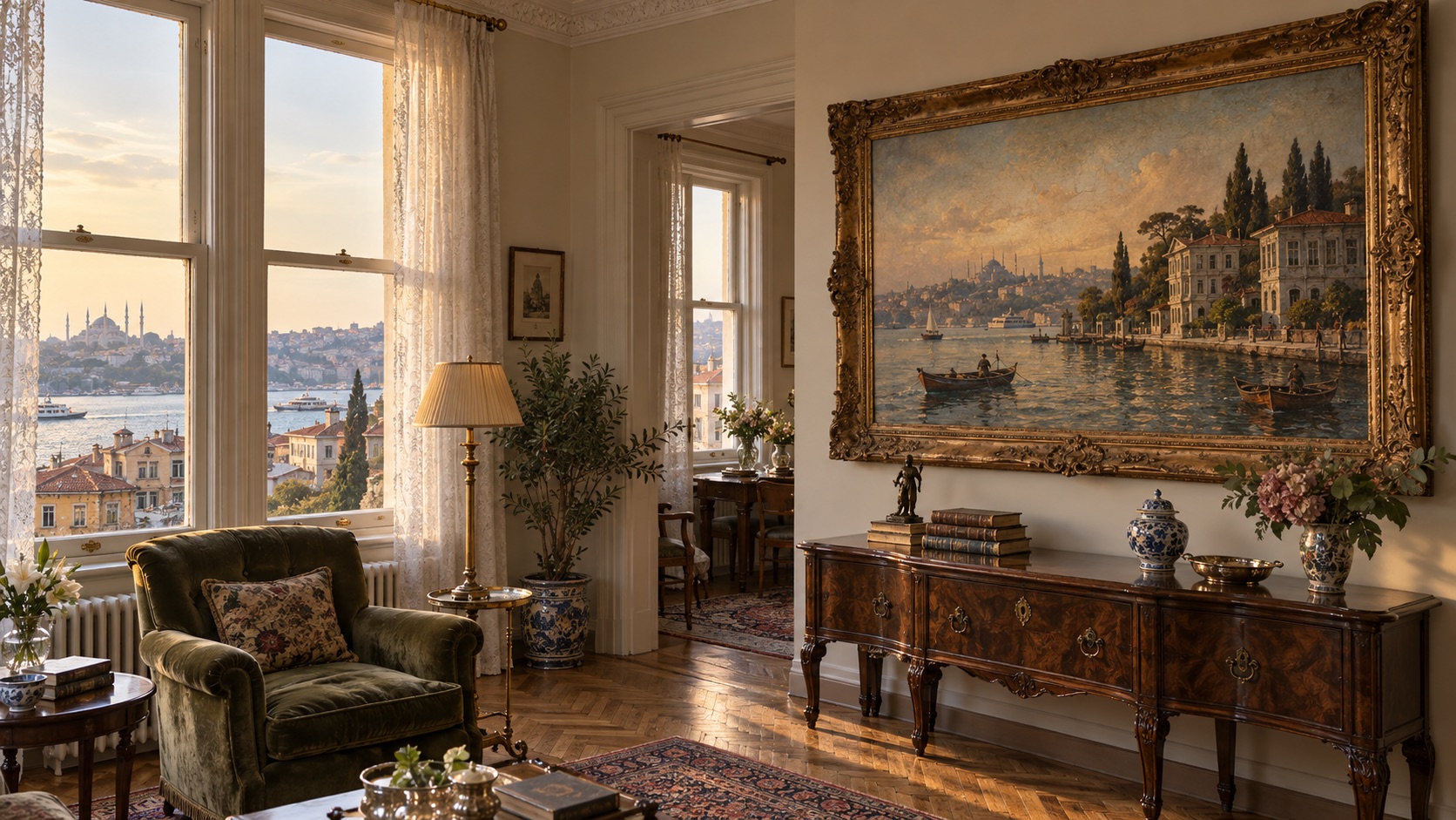 Gilt-framed Bosphorus painting in an old Istanbul apartment