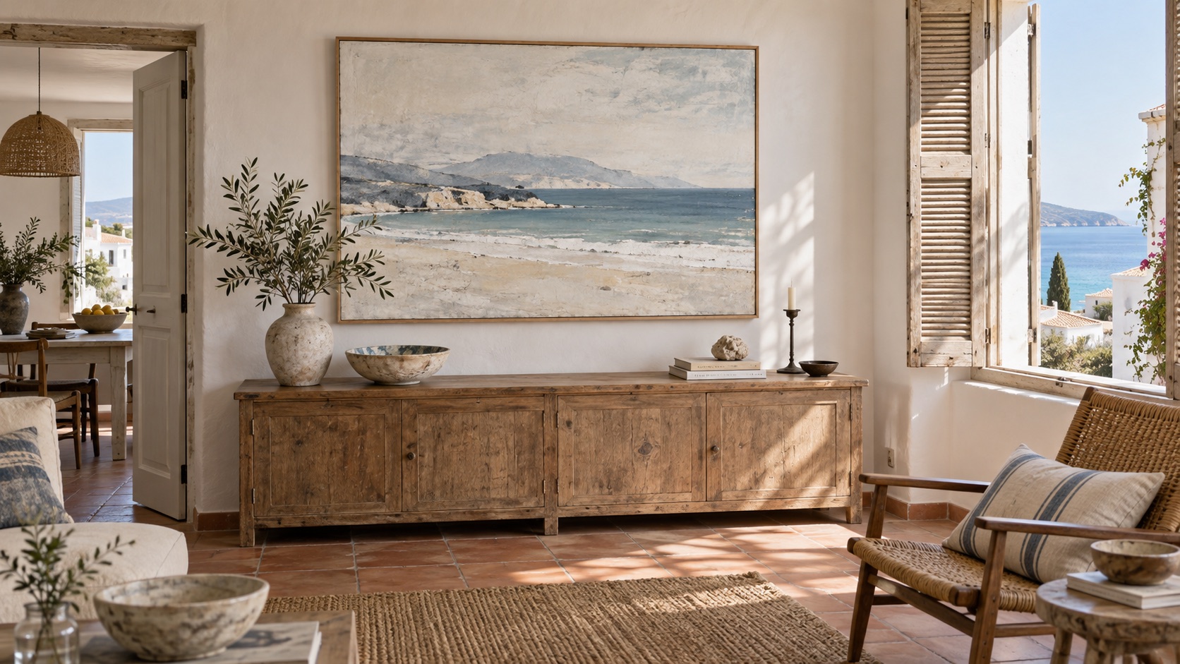 Calm coastal painting above a reclaimed-wood sideboard in a Mediterranean home