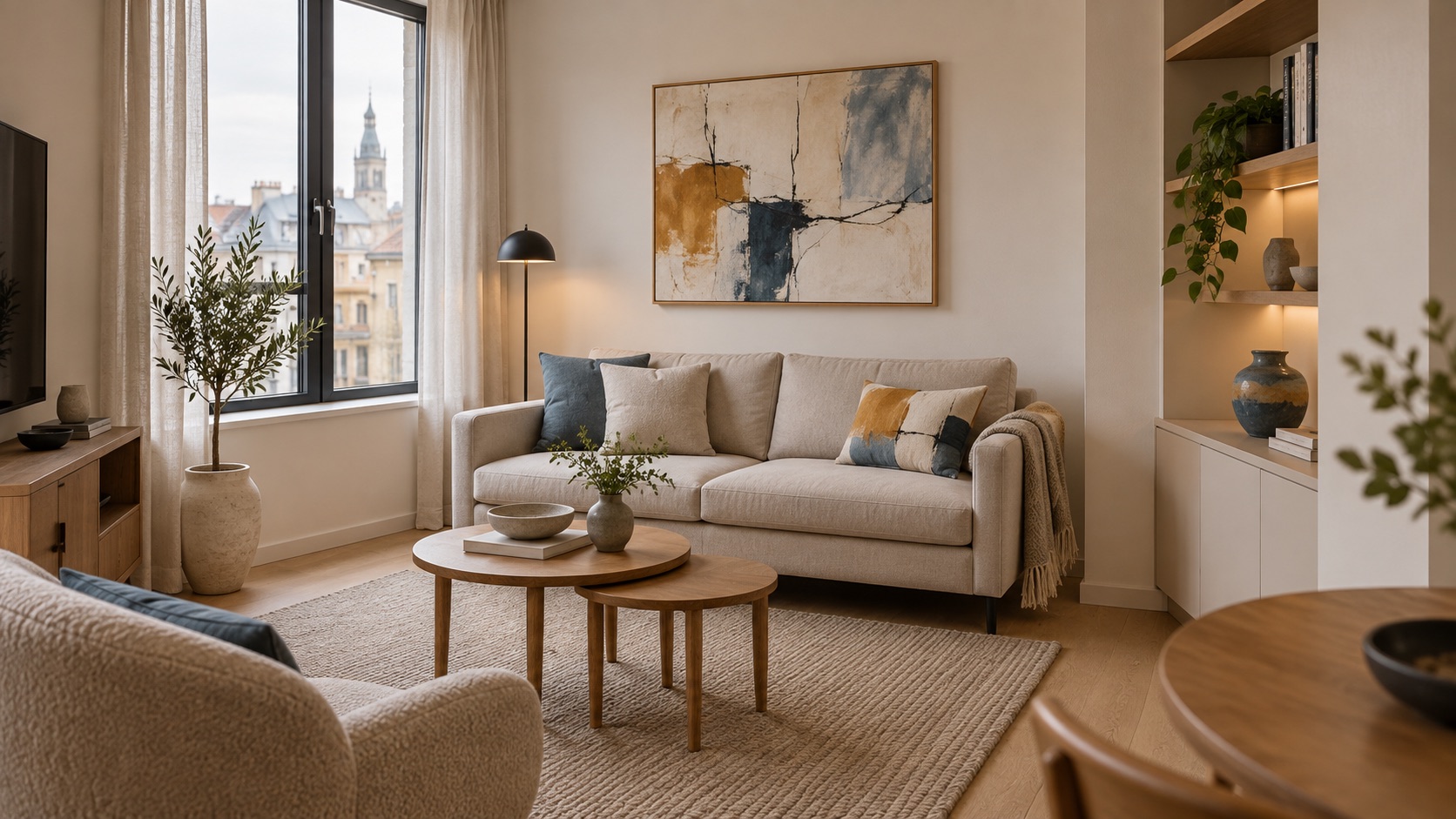 Contemporary abstract painting in a compact living room