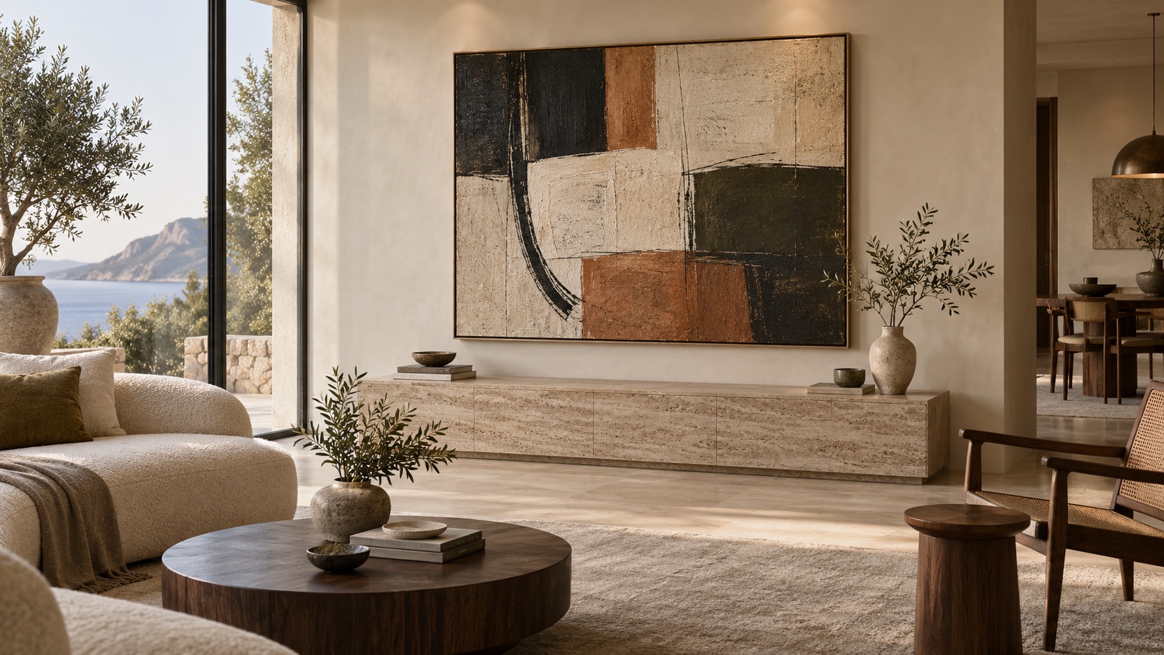 Large abstract artwork above a travertine console in a contemporary living room