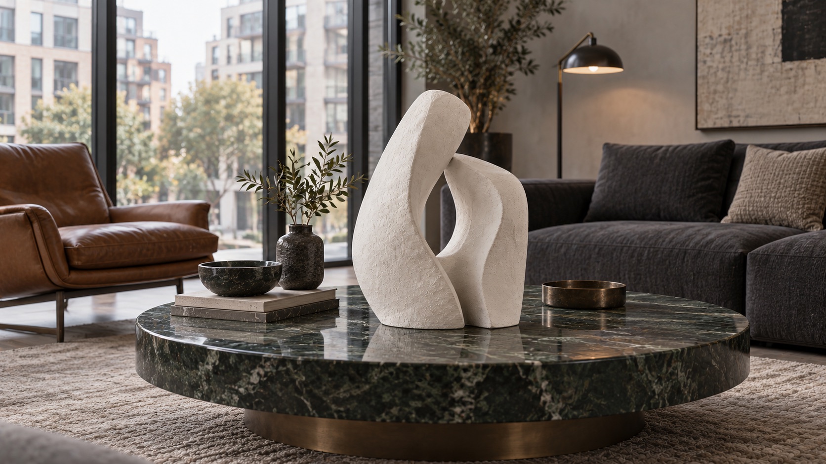 Plaster sculpture on a green marble coffee table