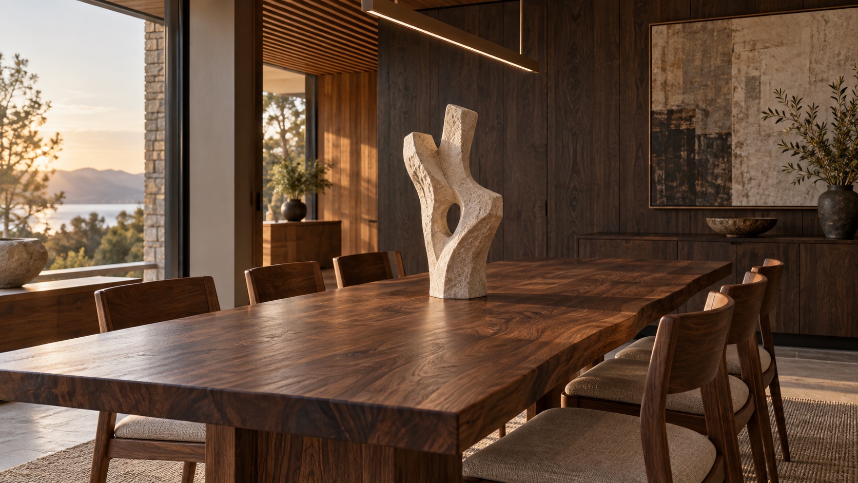 Elegant stone sculpture on a walnut dining table
