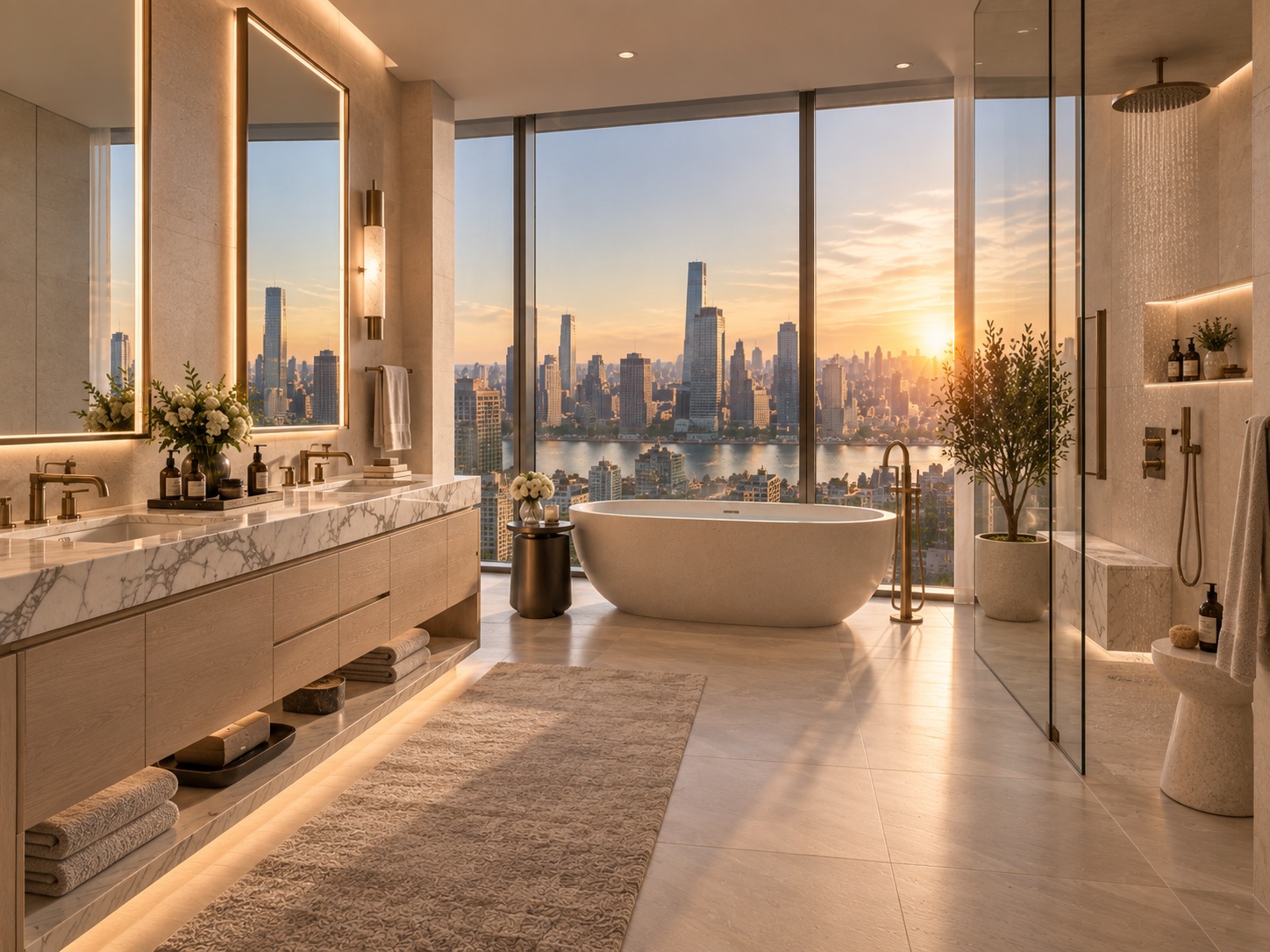 Spa-style marble bathroom at golden hour
