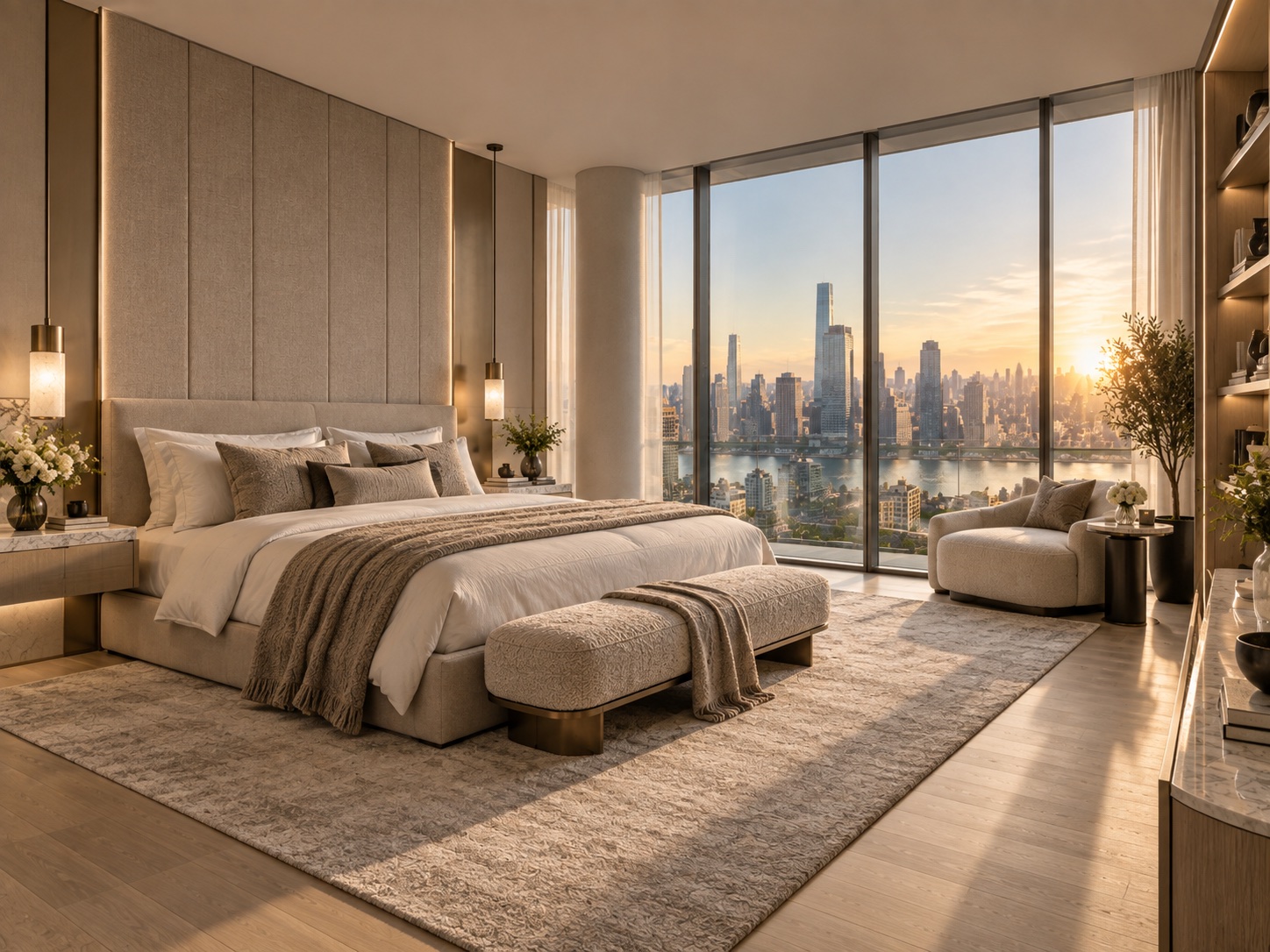 Primary bedroom at golden hour with a skyline view