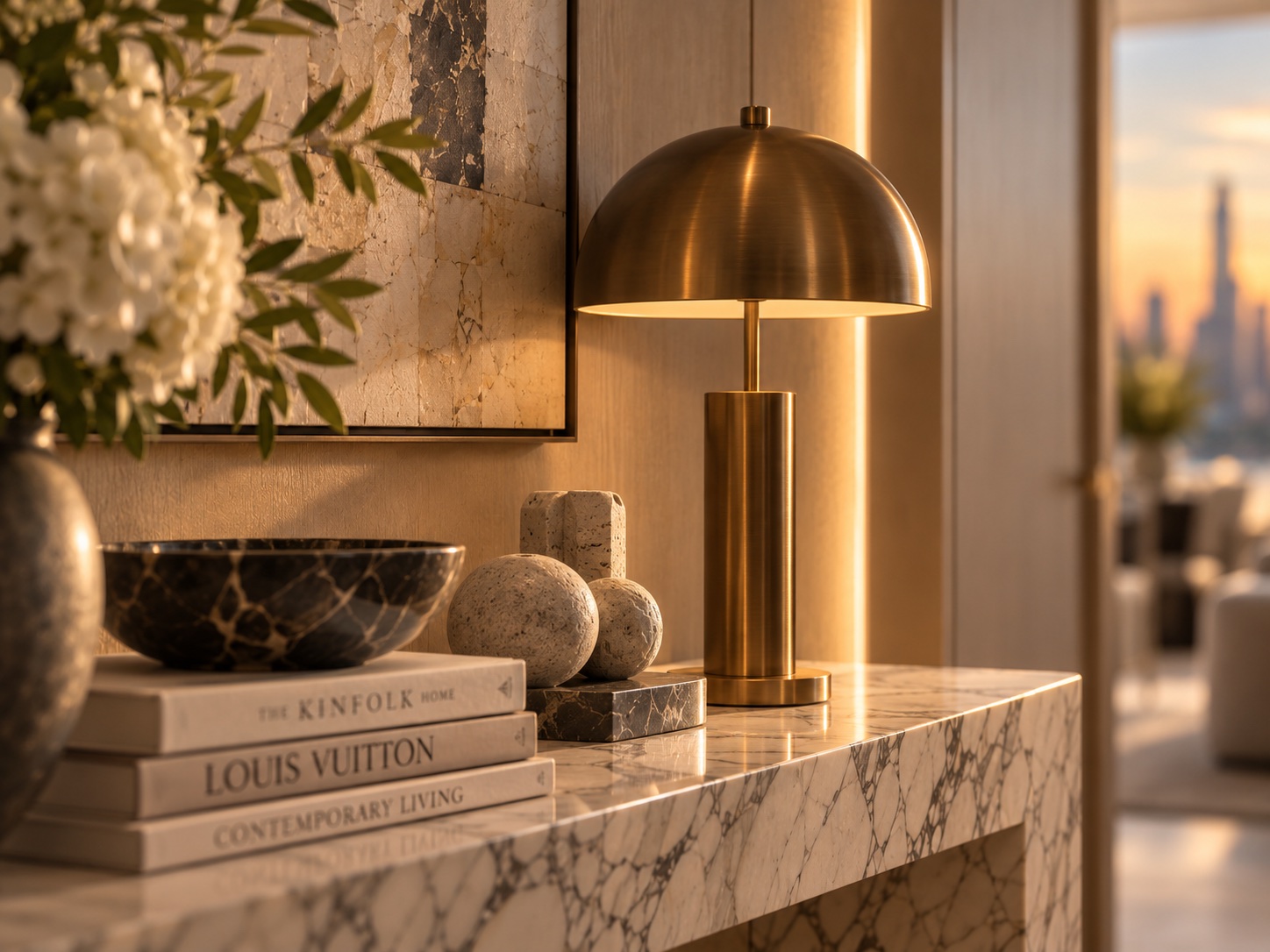 Brass lamp detail on a marble console