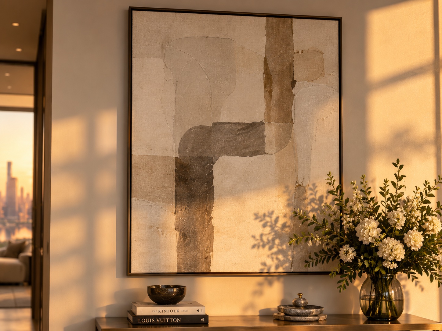 Floral still life vignette in sunlit interior