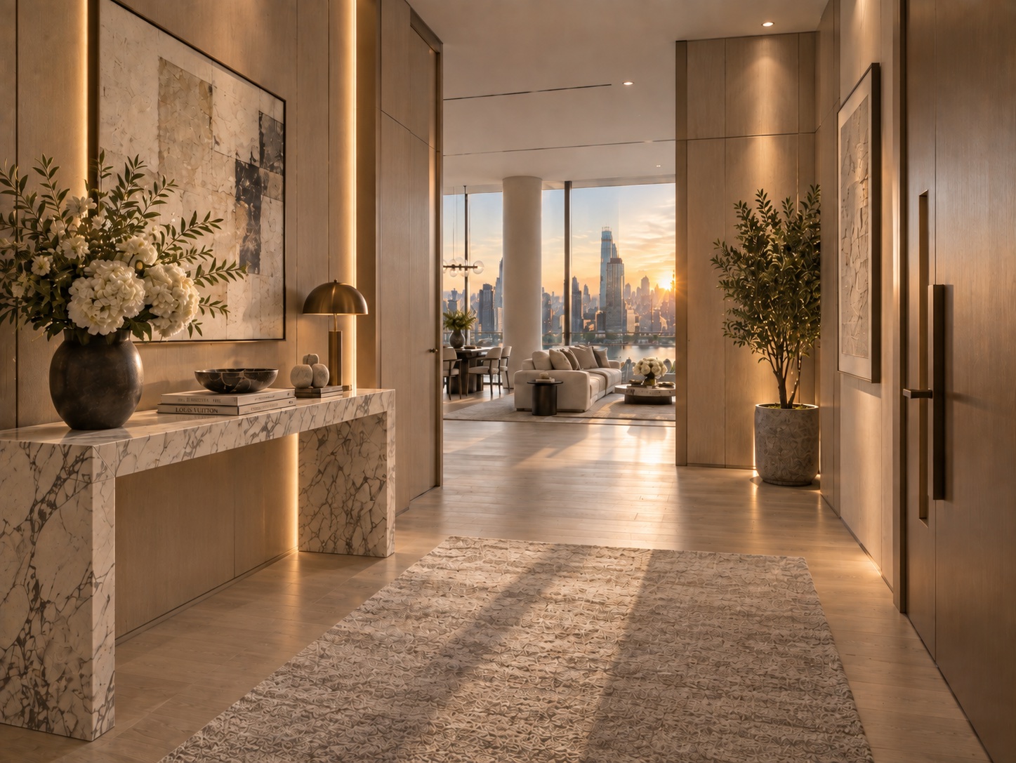Entry foyer with marble console and skyline view beyond