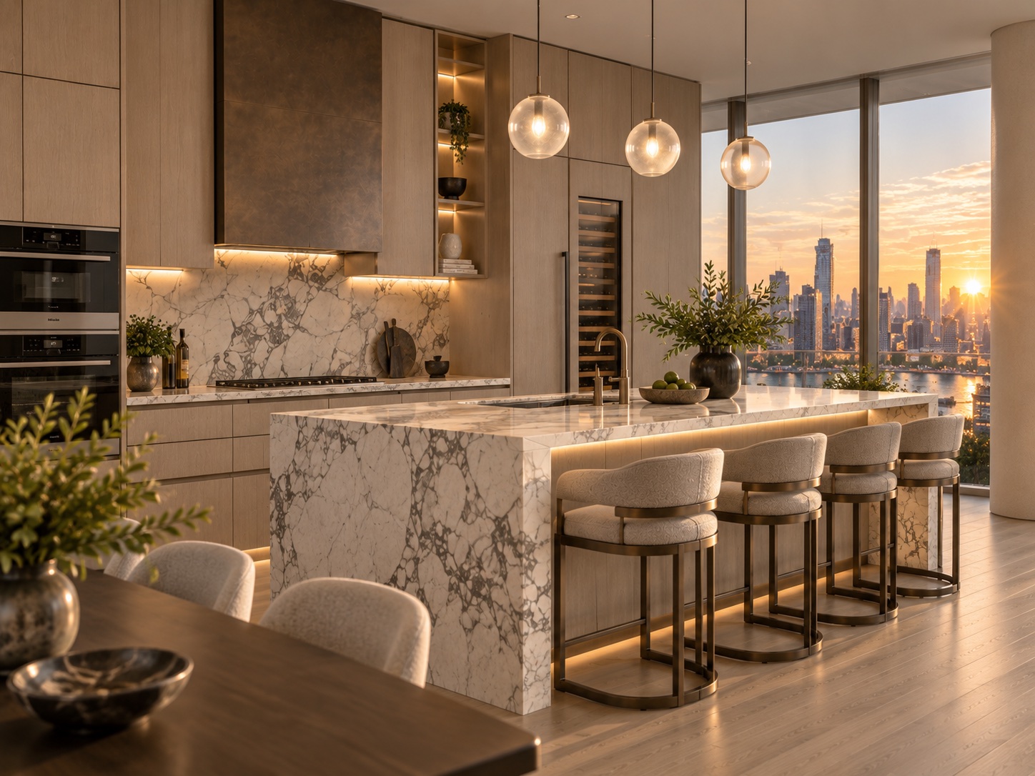 Kitchen at sunset with skyline silhouette