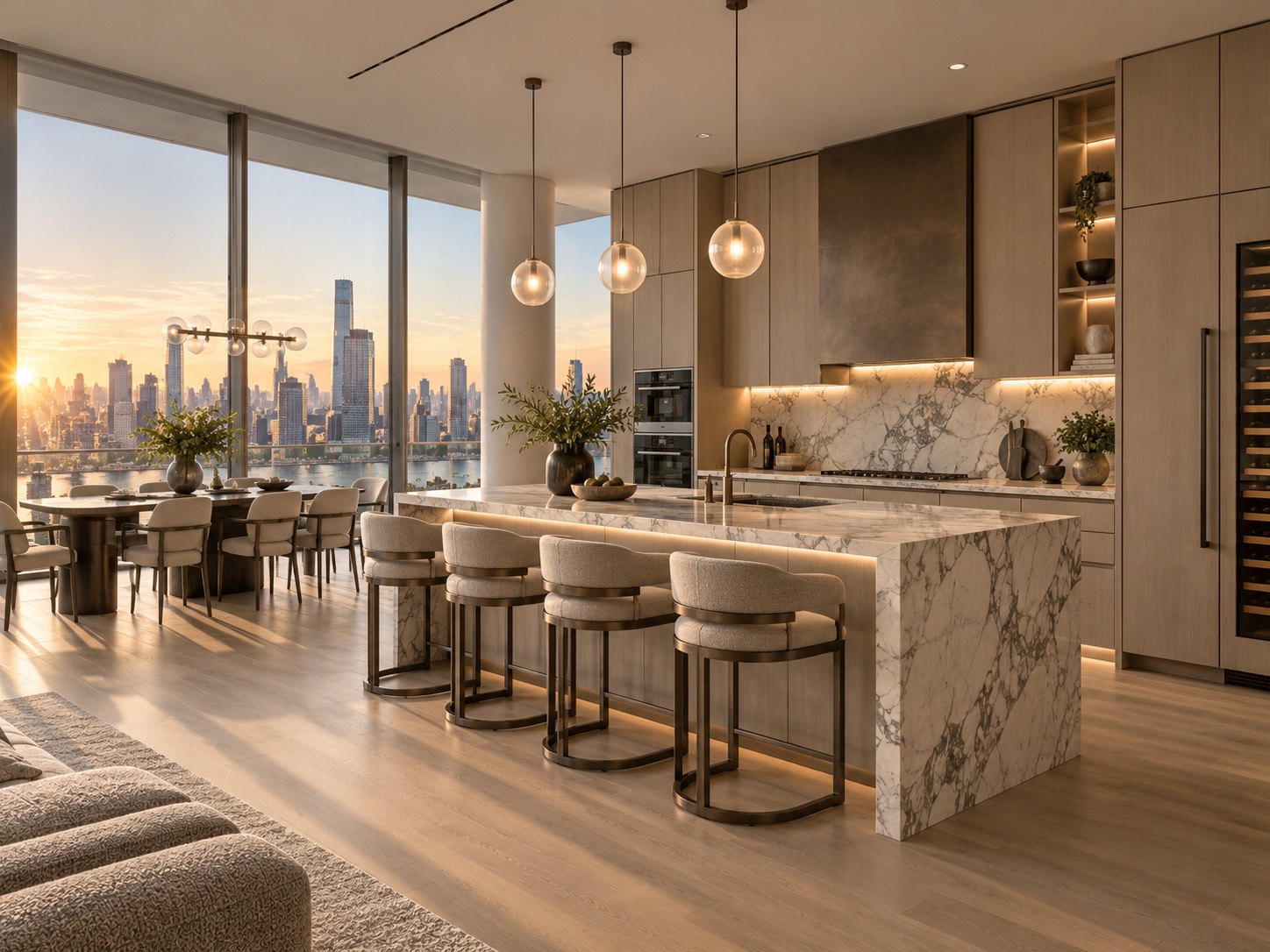 Marble kitchen island at golden hour with skyline view beyond