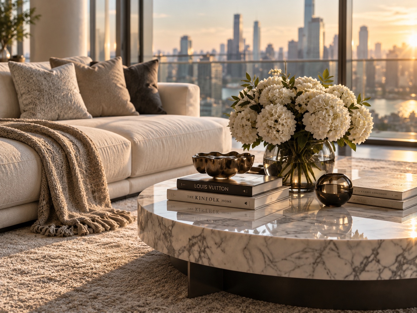 Living room seating vignette in golden-hour light