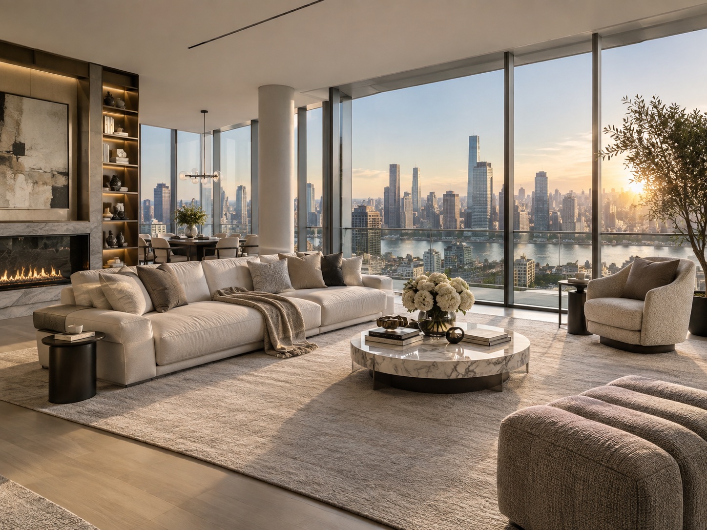 Golden-hour living room with a city-skyline view through floor-to-ceiling glass