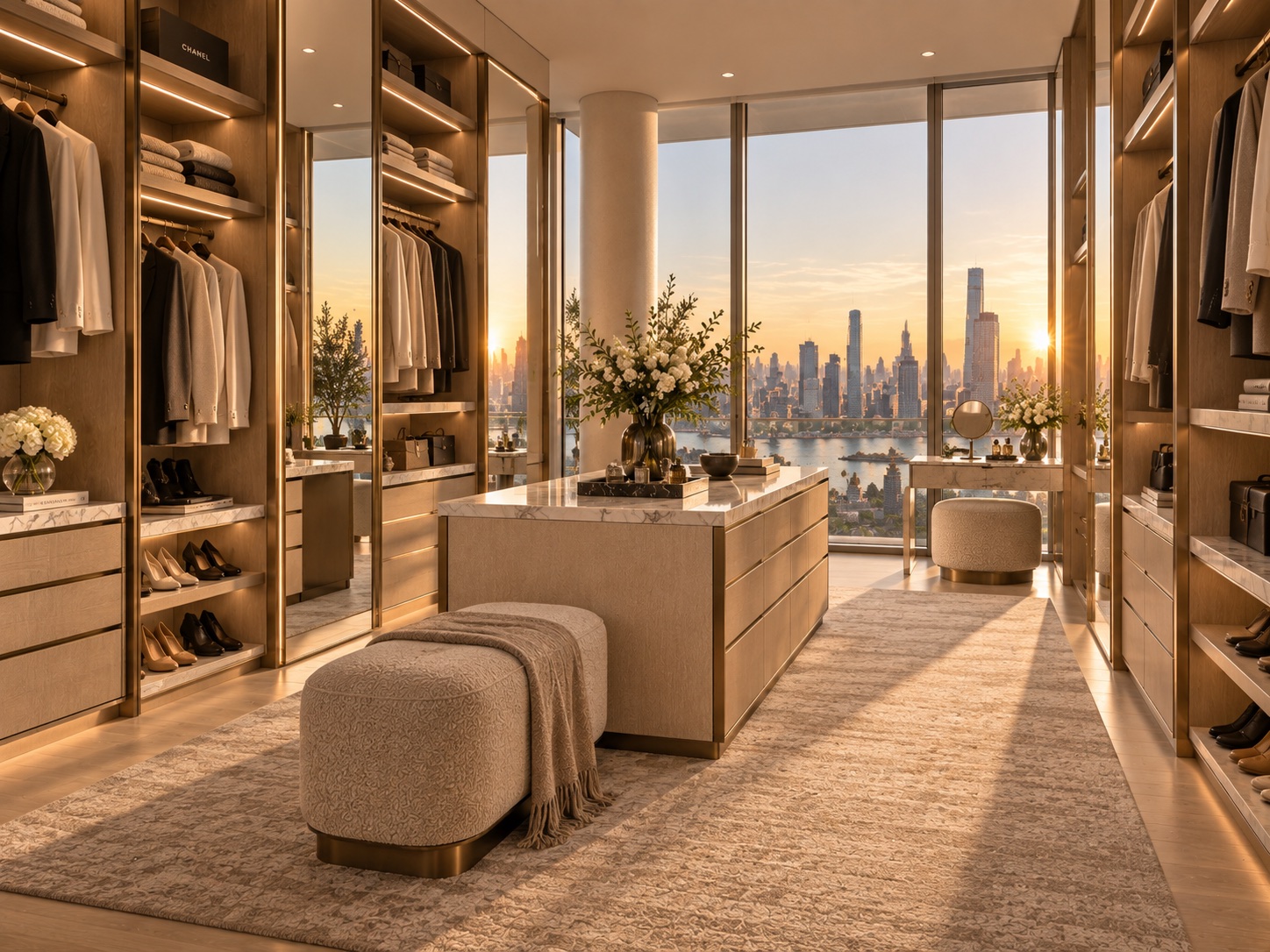 Walk-in closet with warm evening light