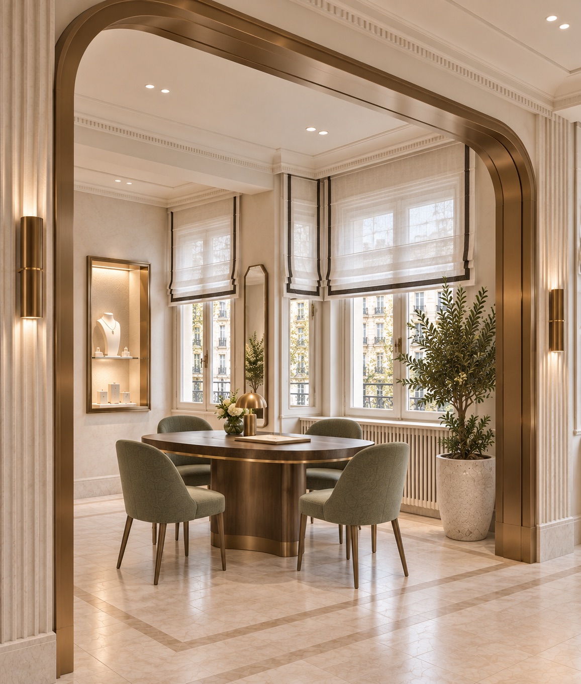 Window-side consultation room with a bronze portal, sage-green seating and smoked oak furniture