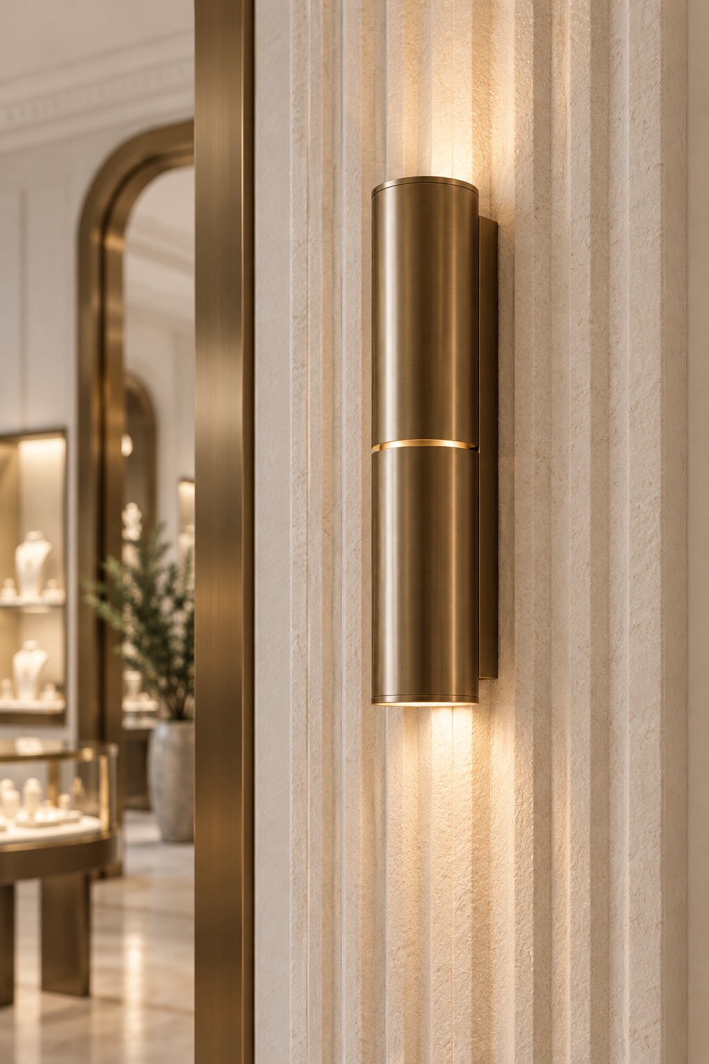 Bi-directional champagne-bronze wall sconce on a fluted wall panel