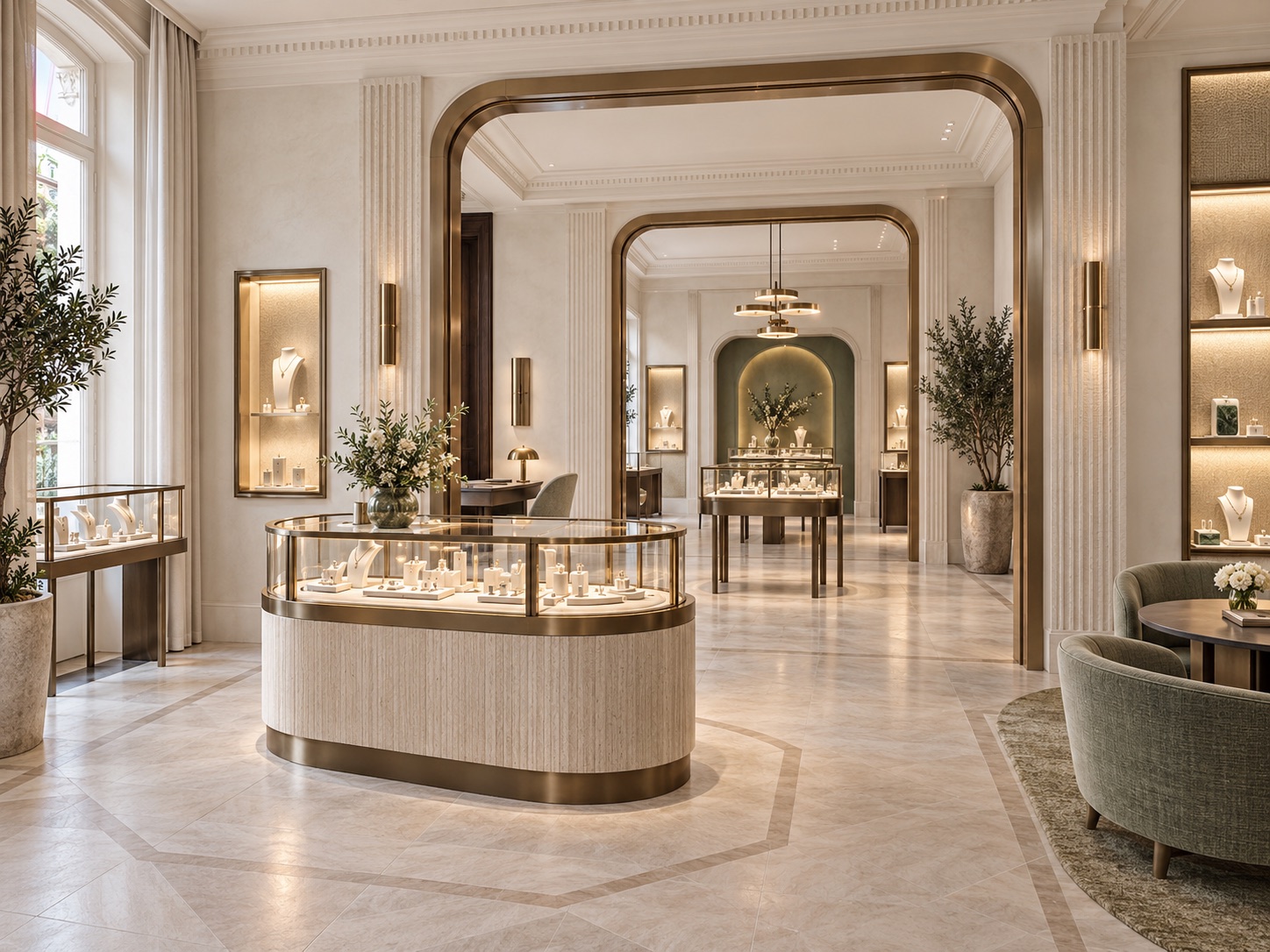 Jewelry boutique in champagne-bronze hues set within a historic mansion
