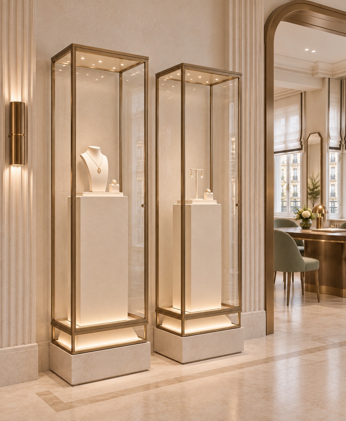 Central oval display cases in champagne bronze showing jewelry as staged works of art