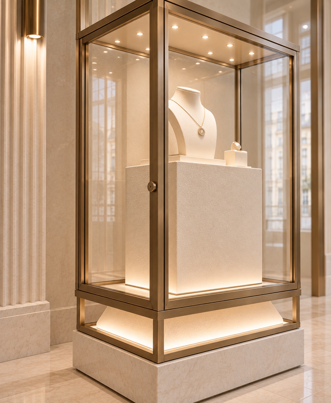 Illuminated champagne-bronze showcase detail with controlled LED lighting