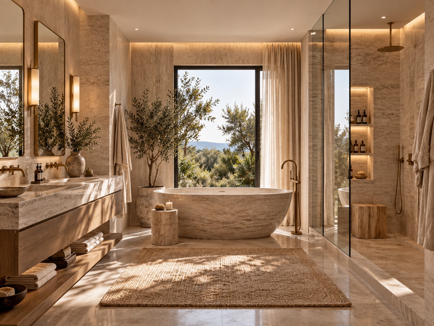 Marble bathroom with a freestanding stone tub, olive tree and mountain view