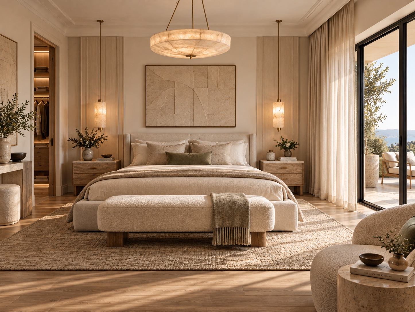 Mediterranean-style bedroom with alabaster pendant lights and a sea view