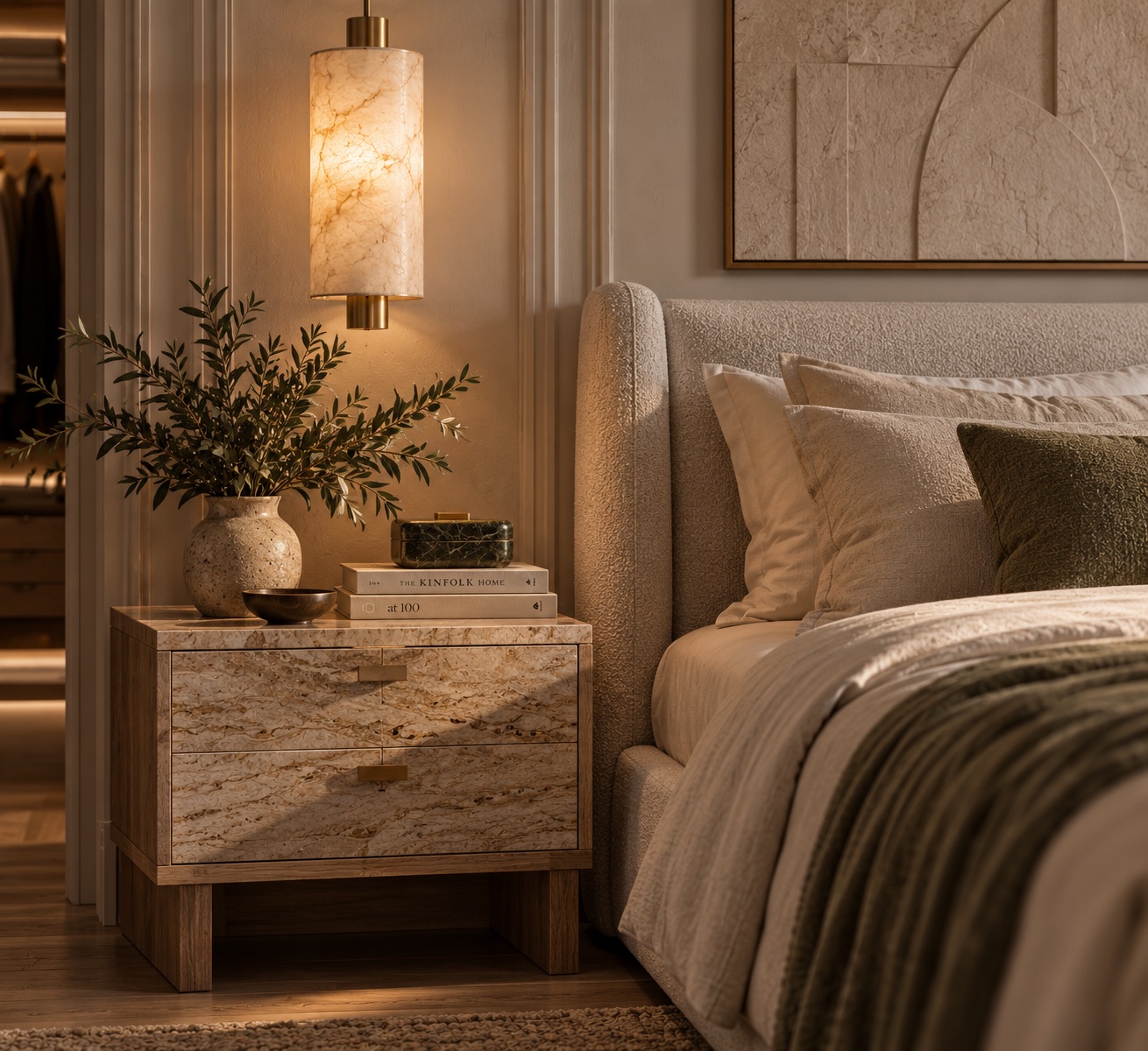 Bedside vignette with a travertine nightstand and alabaster pendant light