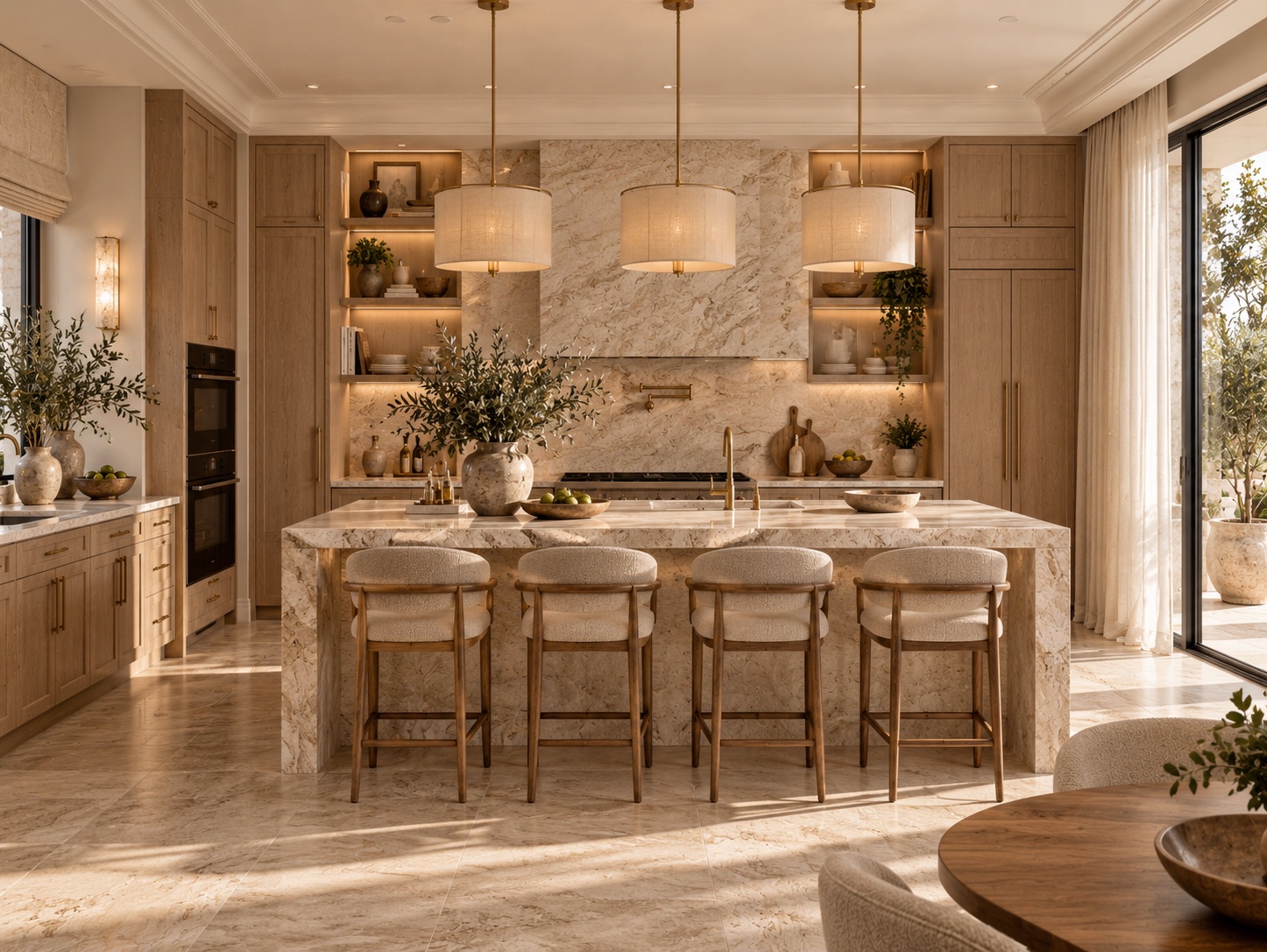 Warm Mediterranean kitchen with a marble island and brass pendant lighting