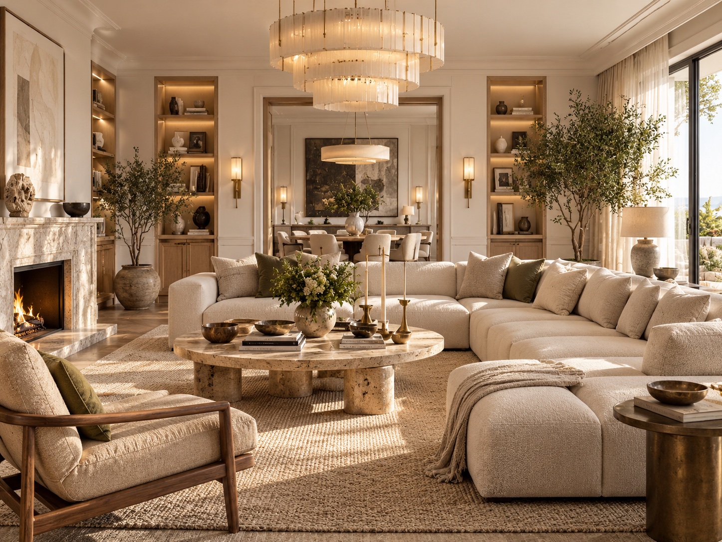 Warm Mediterranean-style living room with a travertine coffee table, bouclé sectional sofa and olive branches
