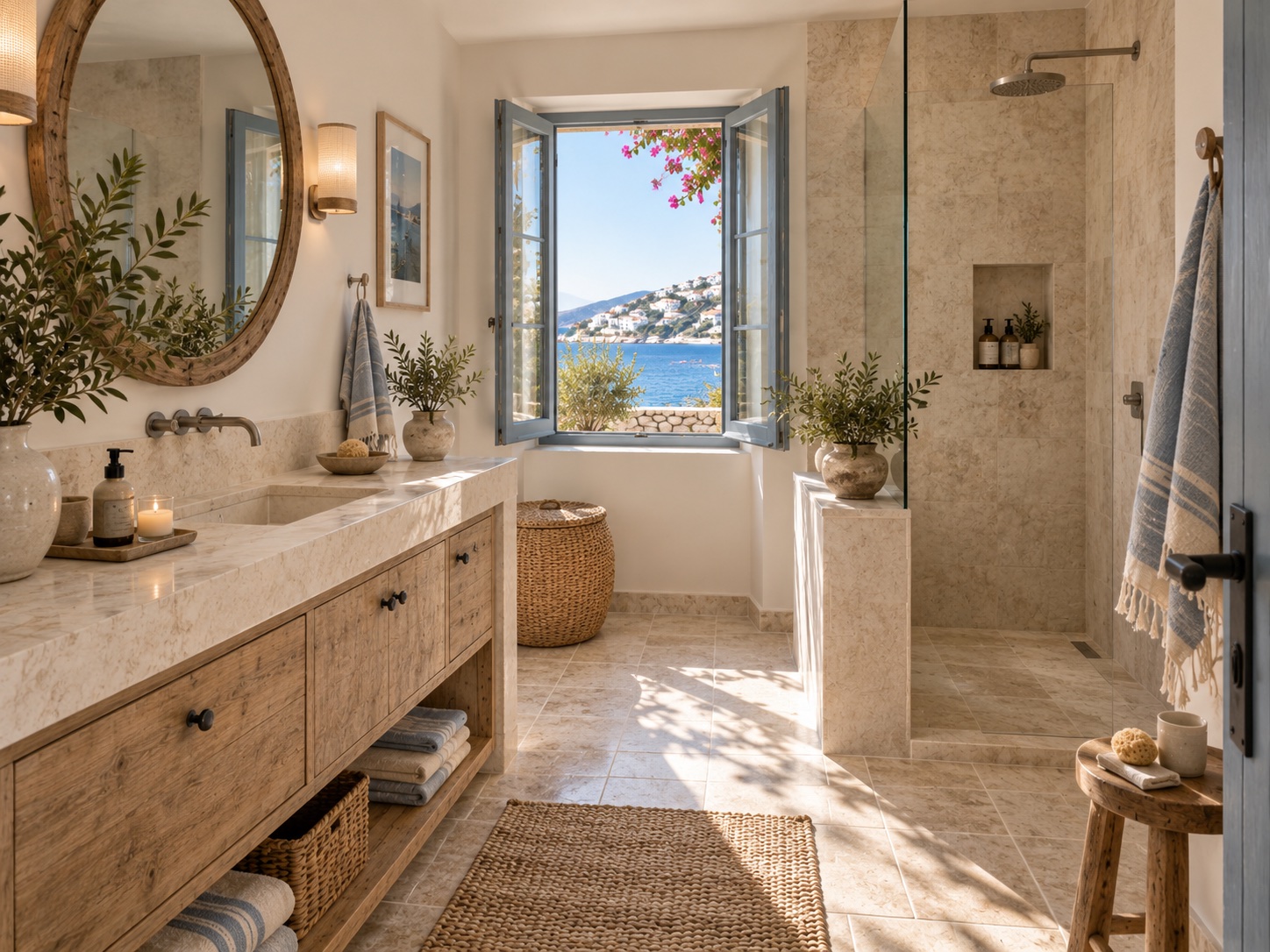 Coastal bathroom with stone surfaces and natural light