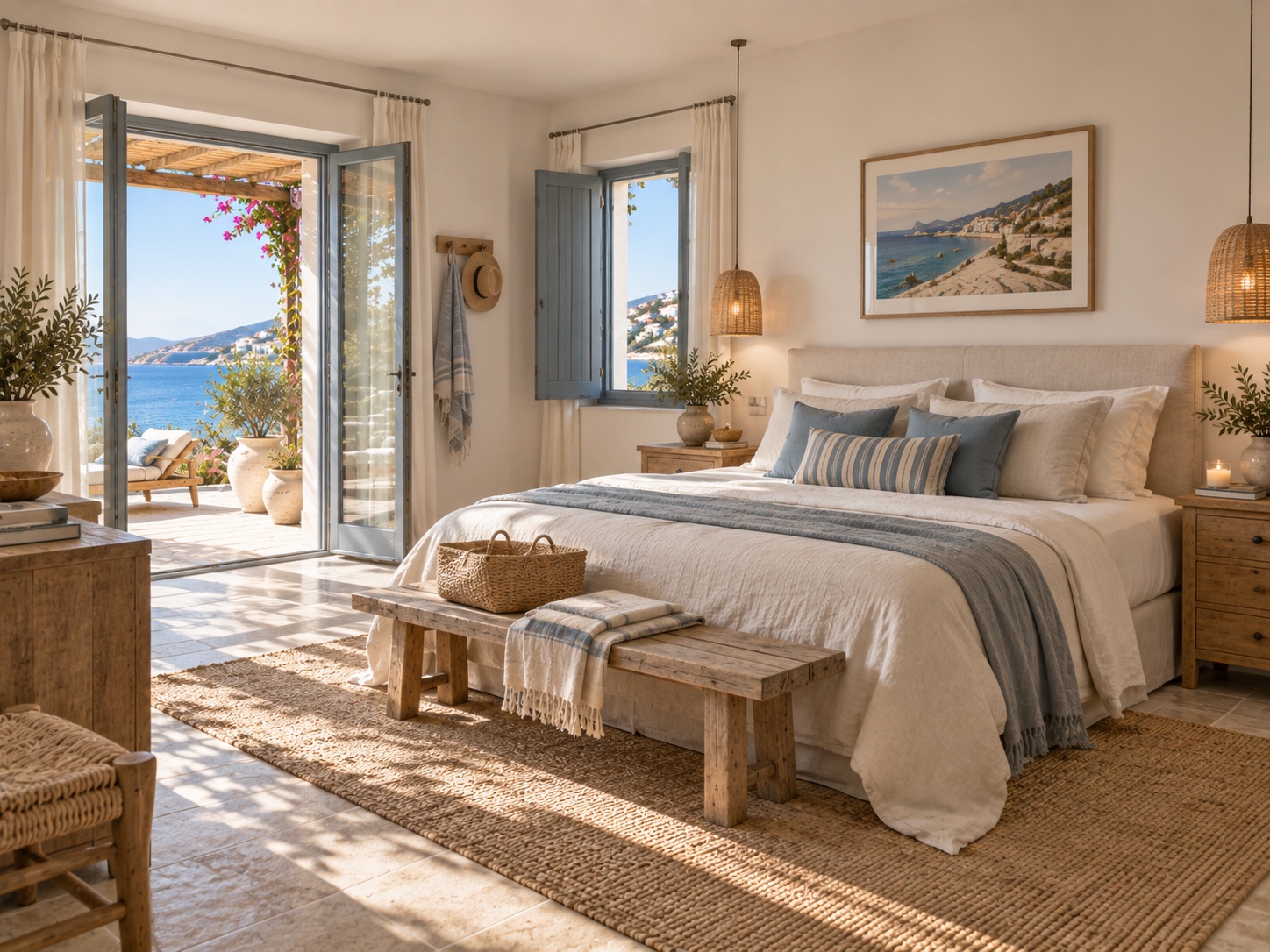Sunlit bedroom retreat with linen bedding and blue accents