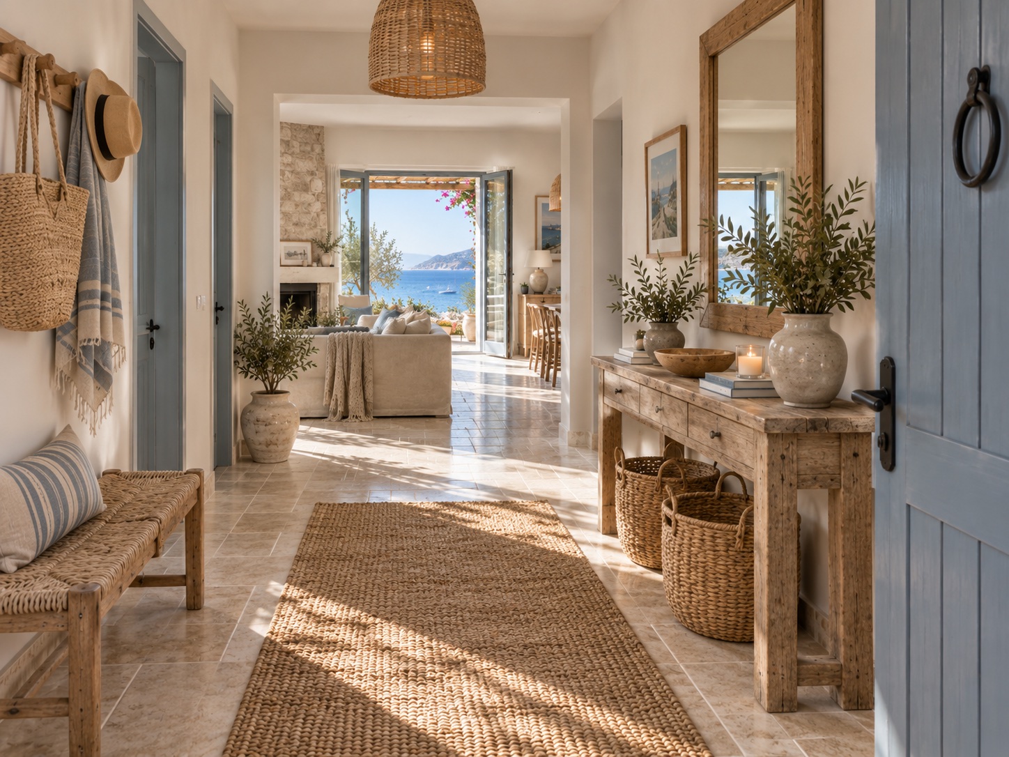 Entryway by the sea with distressed wood and wicker details