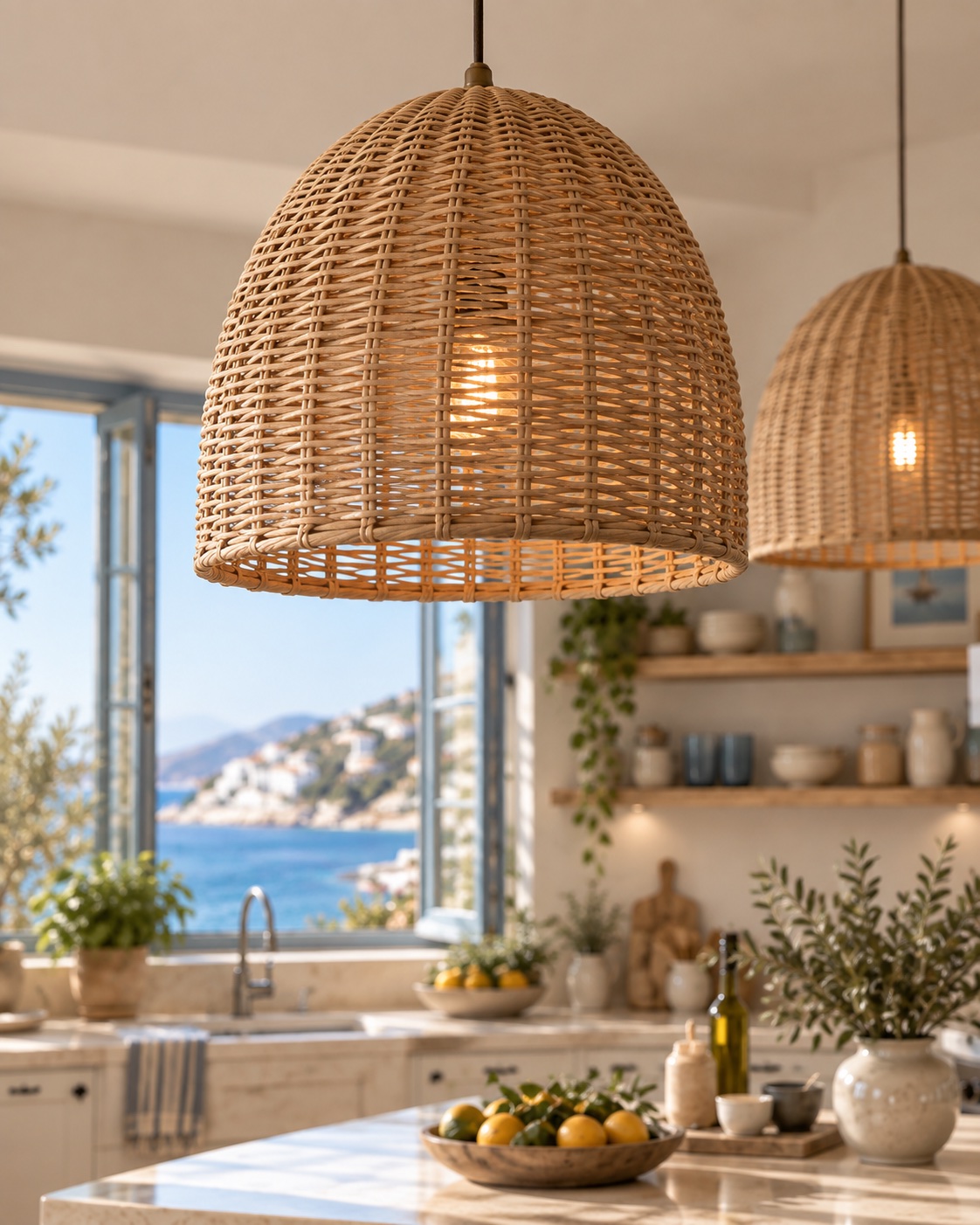 Wicker pendant lights over a coastal kitchen counter