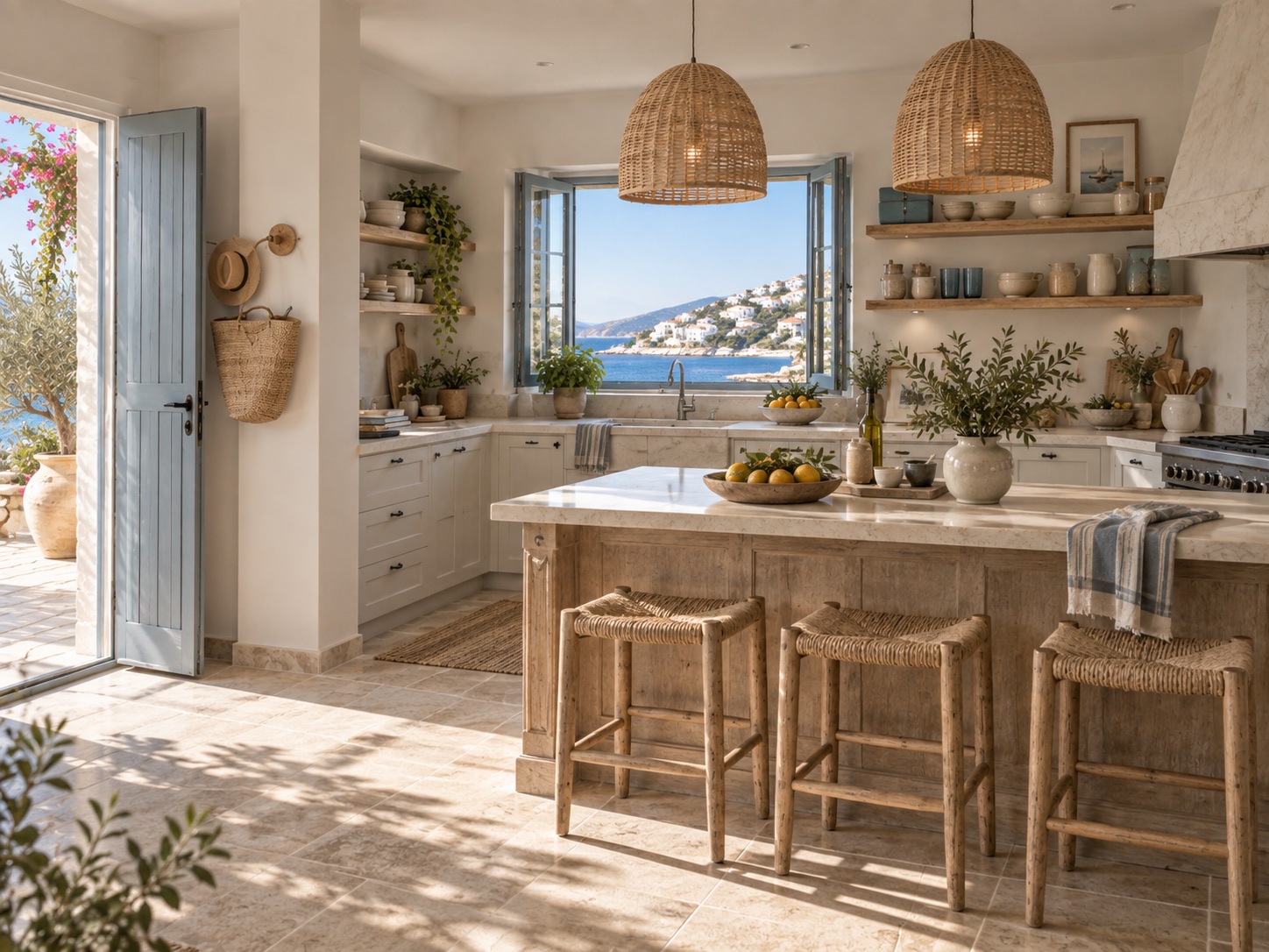 Coastal kitchen with light-colored walls and natural wood cabinetry
