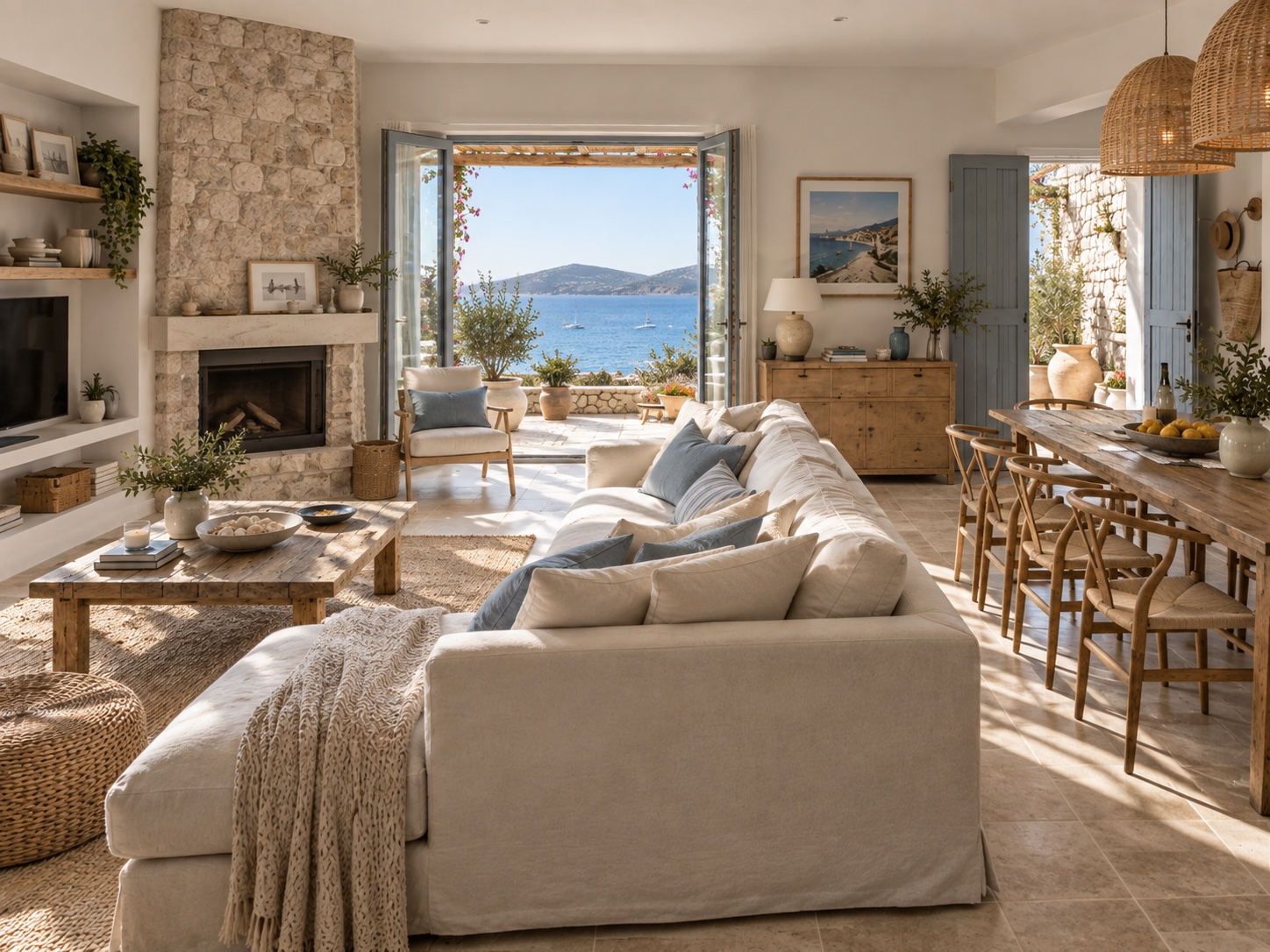 Sunlit coastal living room opening onto the sea, with a stone fireplace and linen sofa