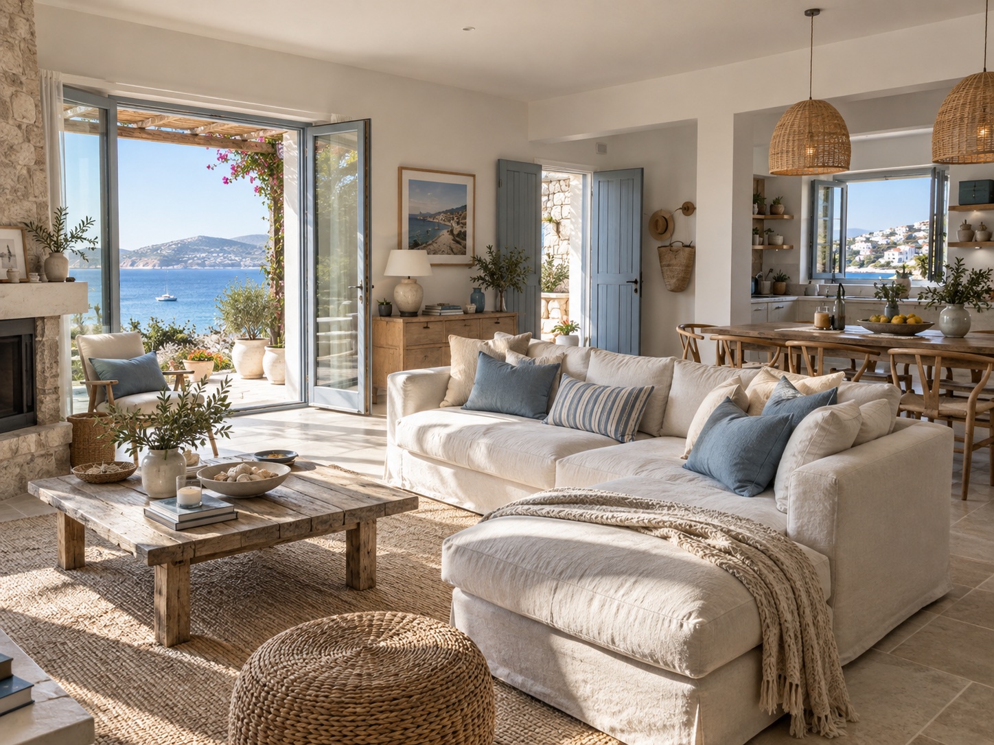 Coastal retreat lounge with natural materials and warm textures