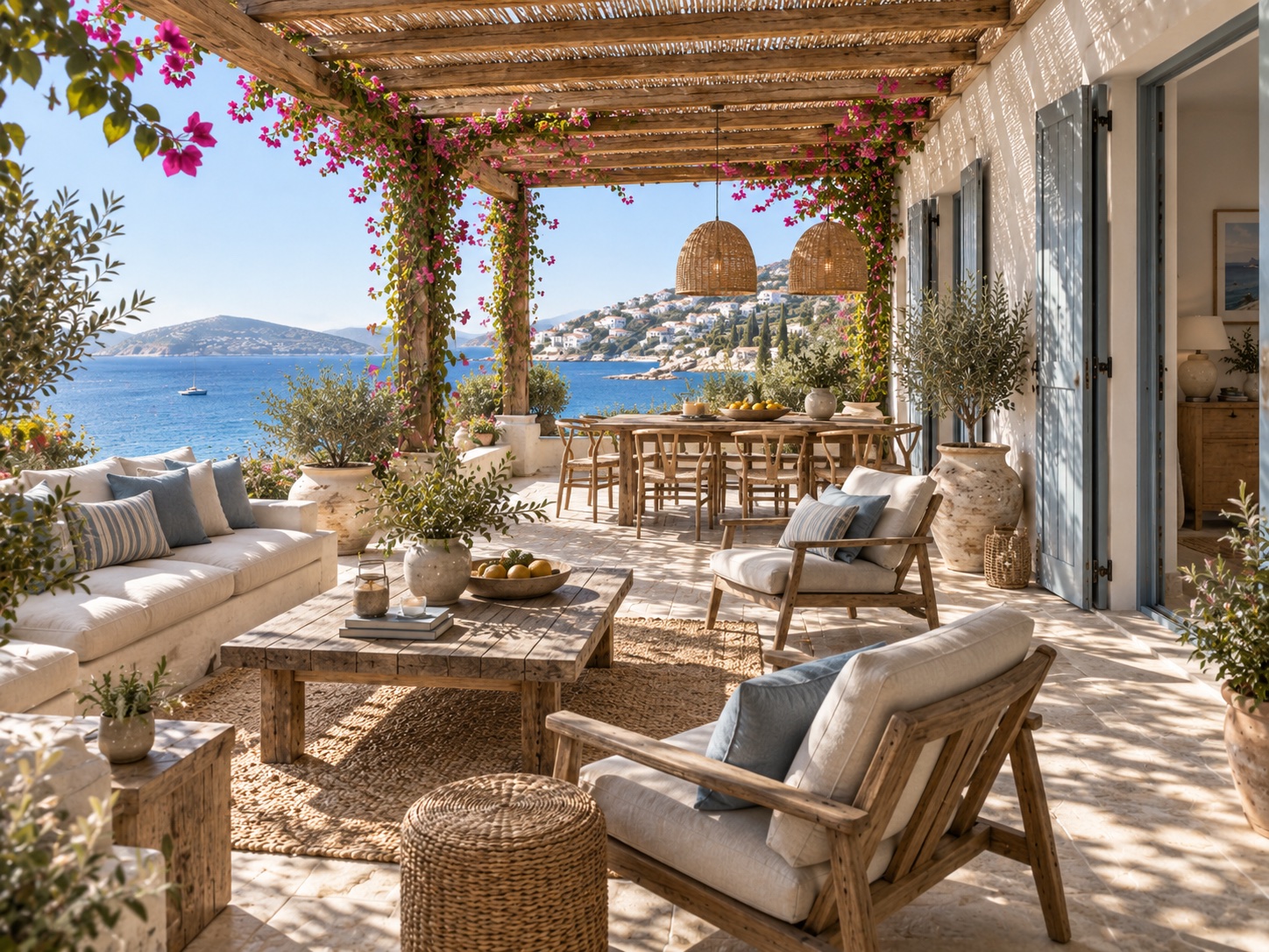 Sea-view terrace with wicker furniture and olive trees
