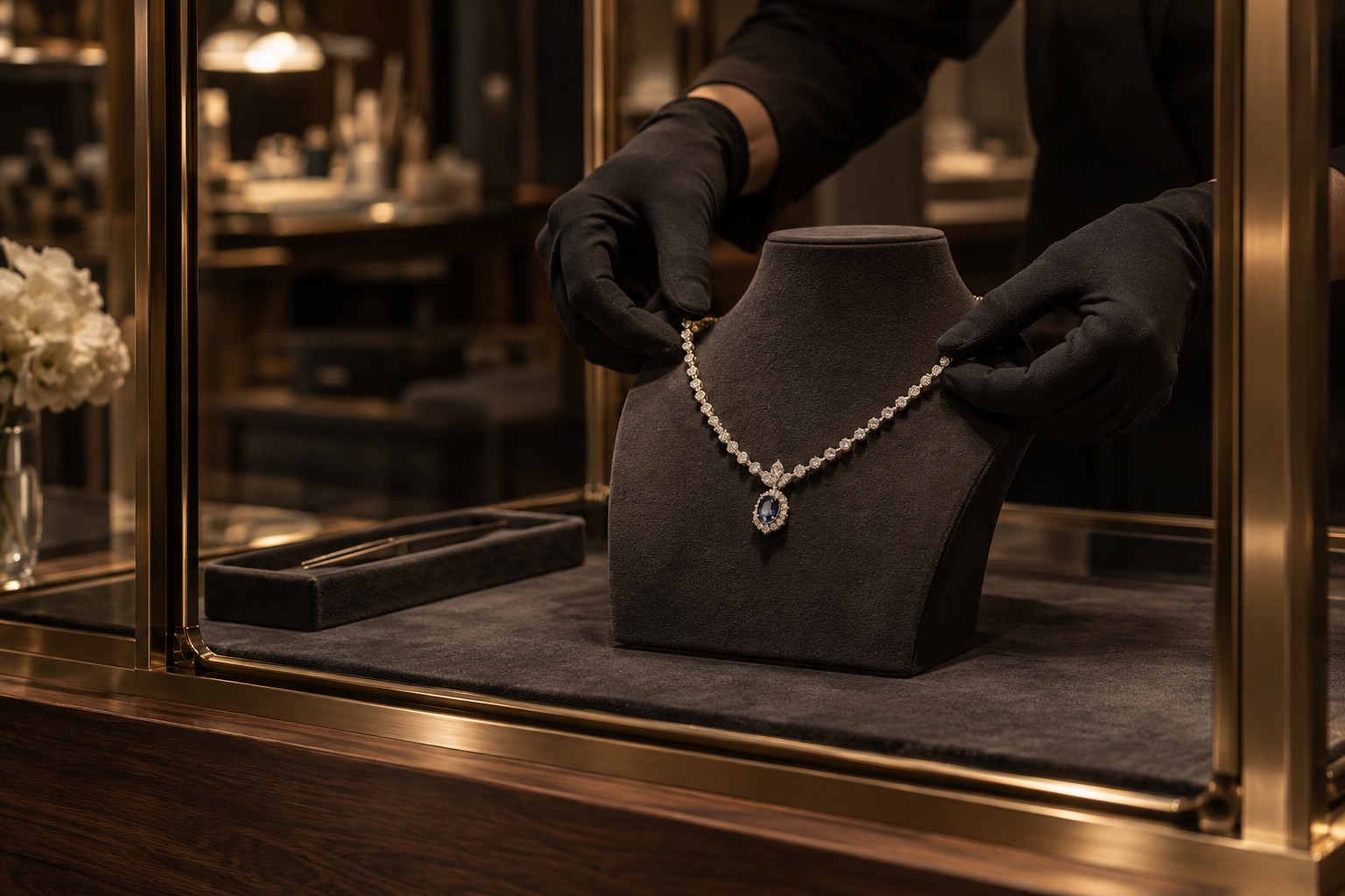 A gloved craftsman arranging a diamond necklace inside a bronze-framed display case