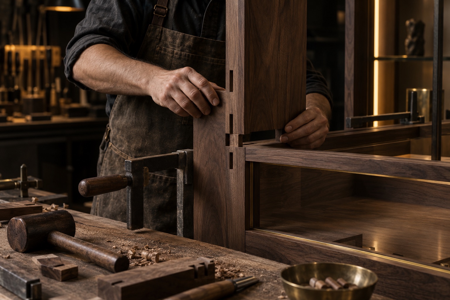 Hand-fitting a dovetail joint on a walnut display cabinet
