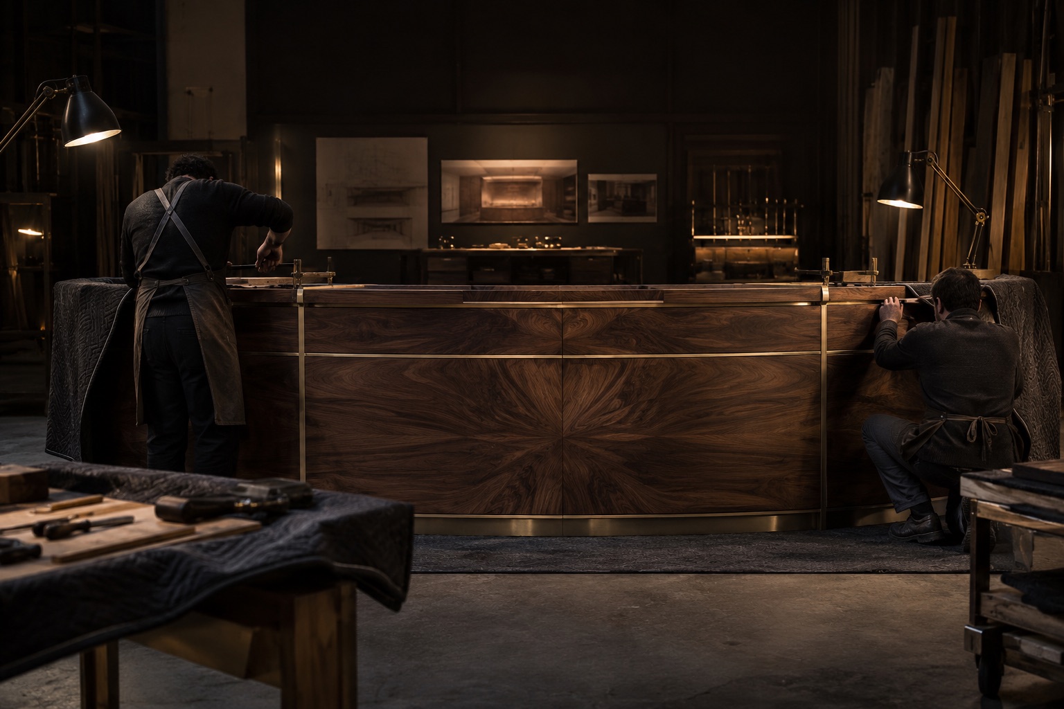 Two craftsmen assembling a walnut and brass reception desk in a night workshop