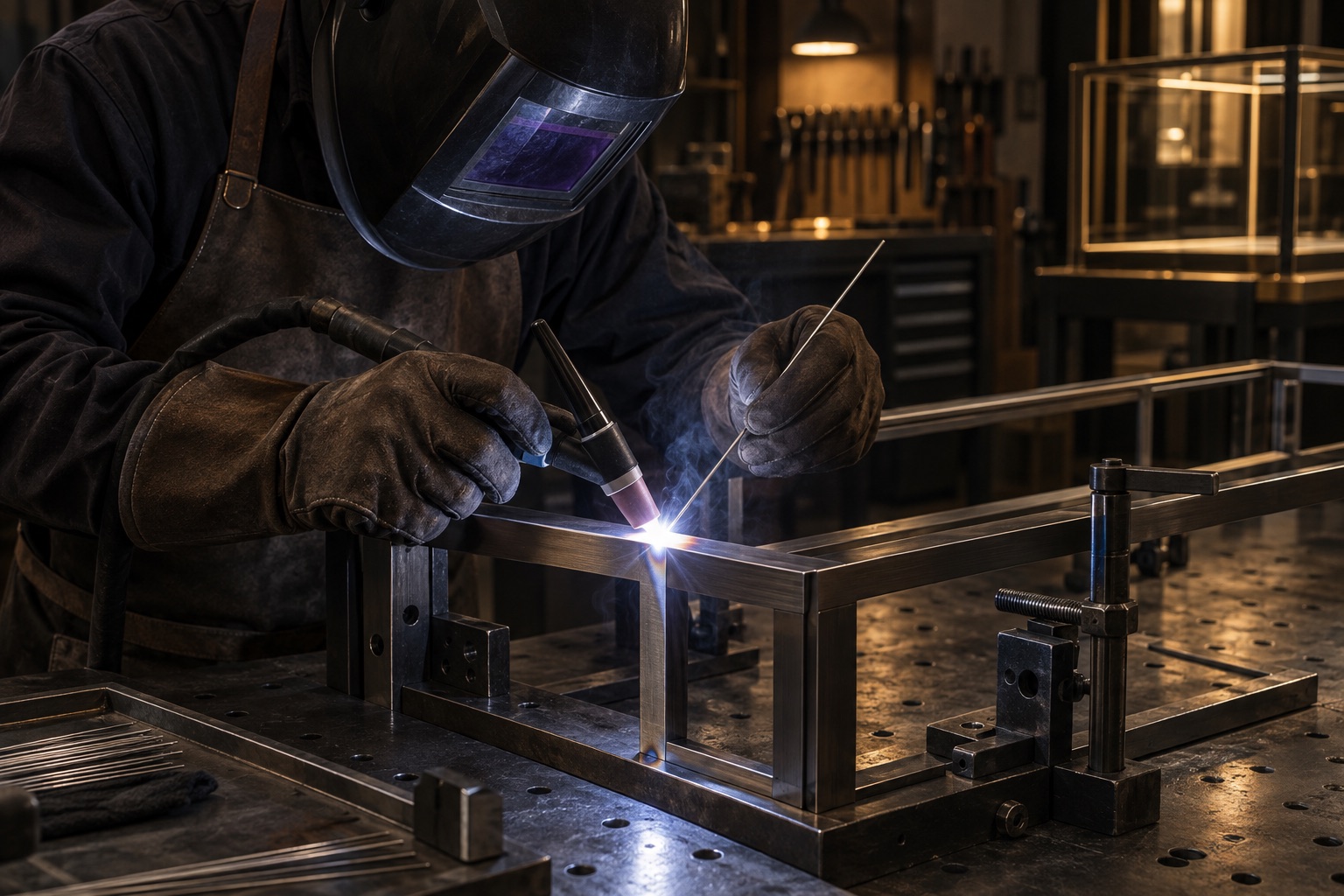 TIG welding the bronze frame of a jewelry display case