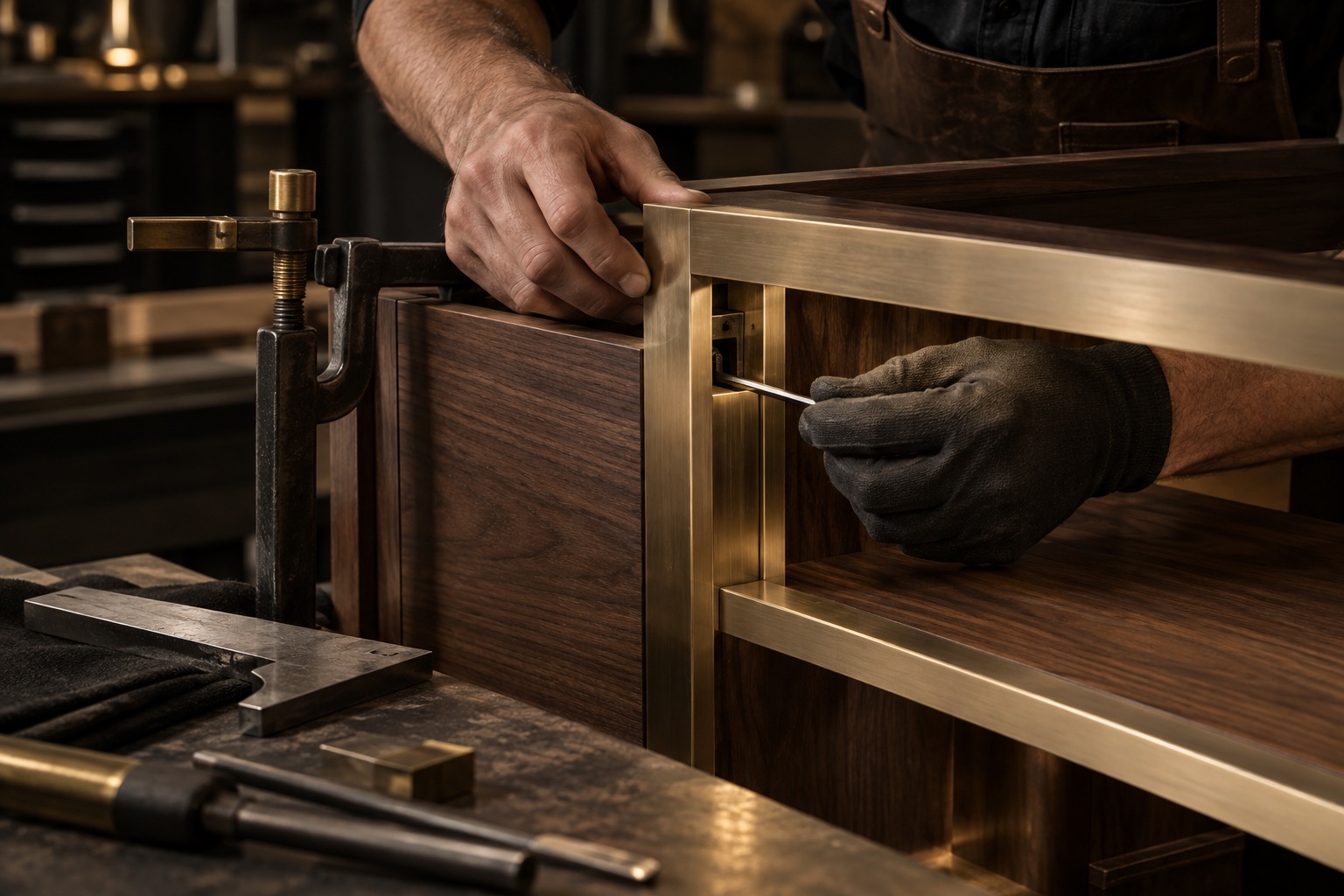 Fitting brass hardware to a walnut cabinet drawer