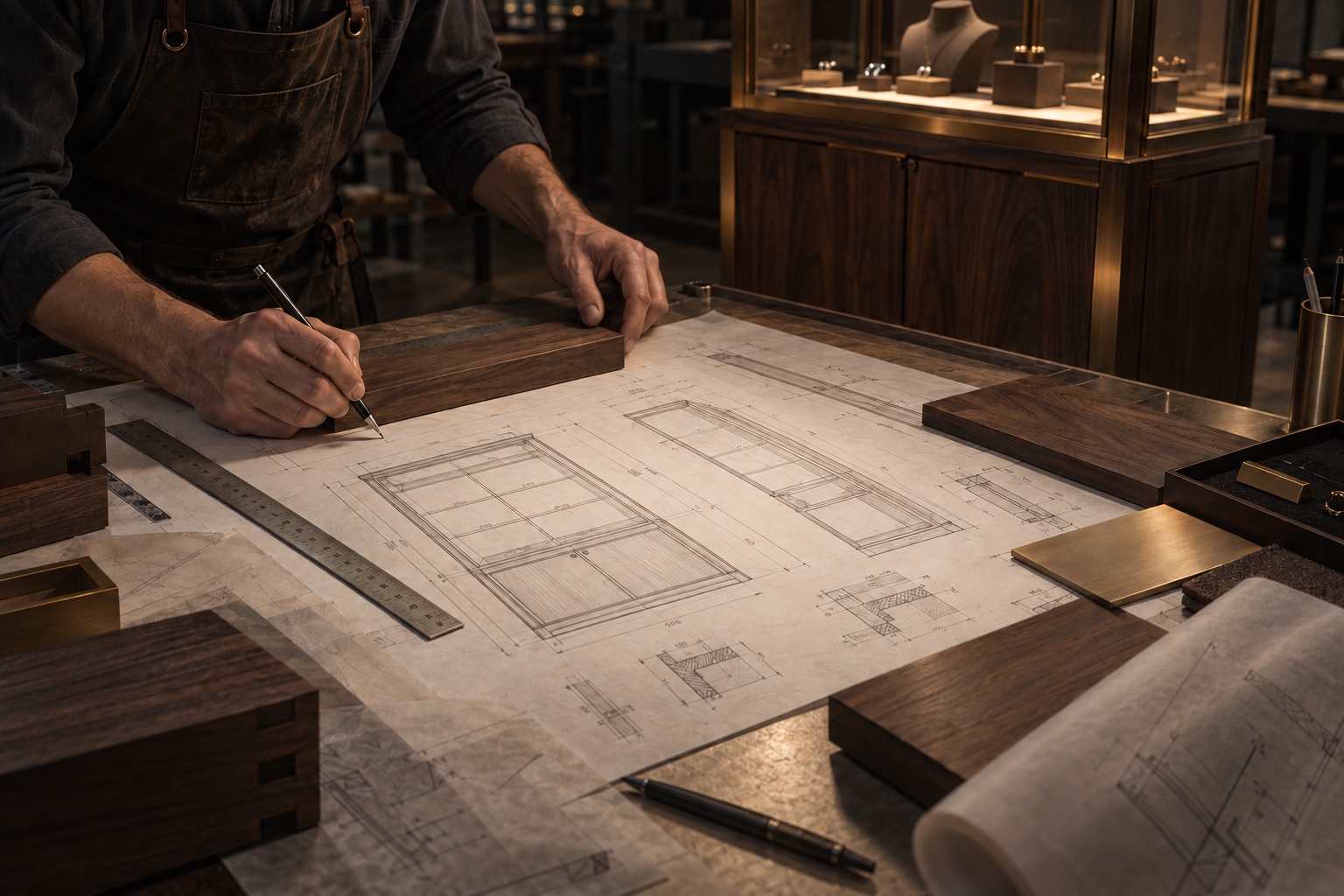 Craftsman annotating construction drawings at a workshop bench, a jewelry display cabinet behind him