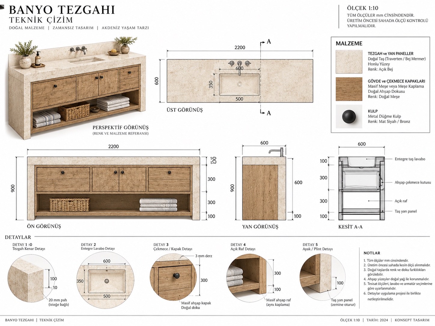 A 2.2-metre stone-topped bathroom vanity with an integrated basin and open oak shelving below.