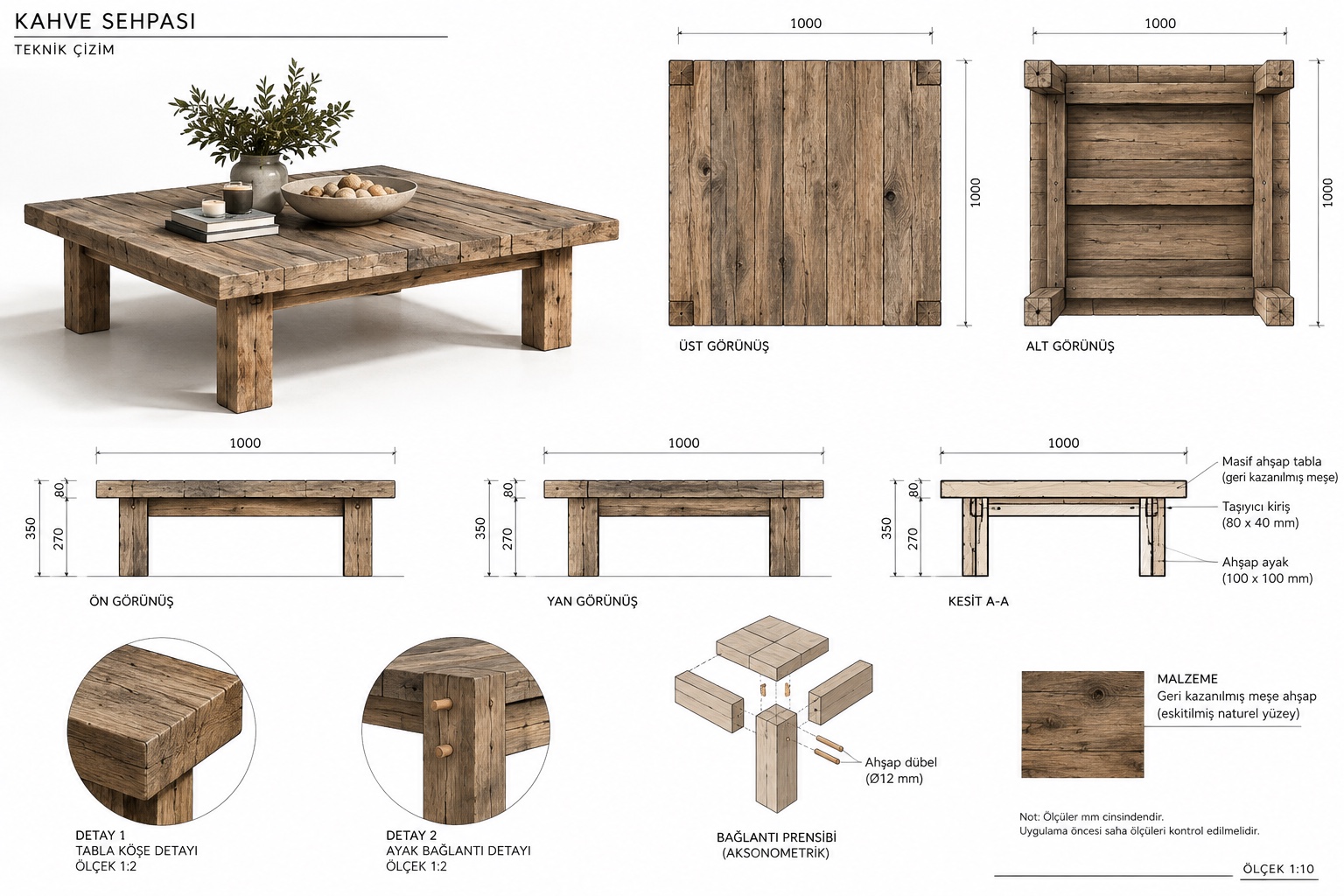 A 1-metre square coffee table in reclaimed oak, joined with visible wooden dowels rather than metal fixings.