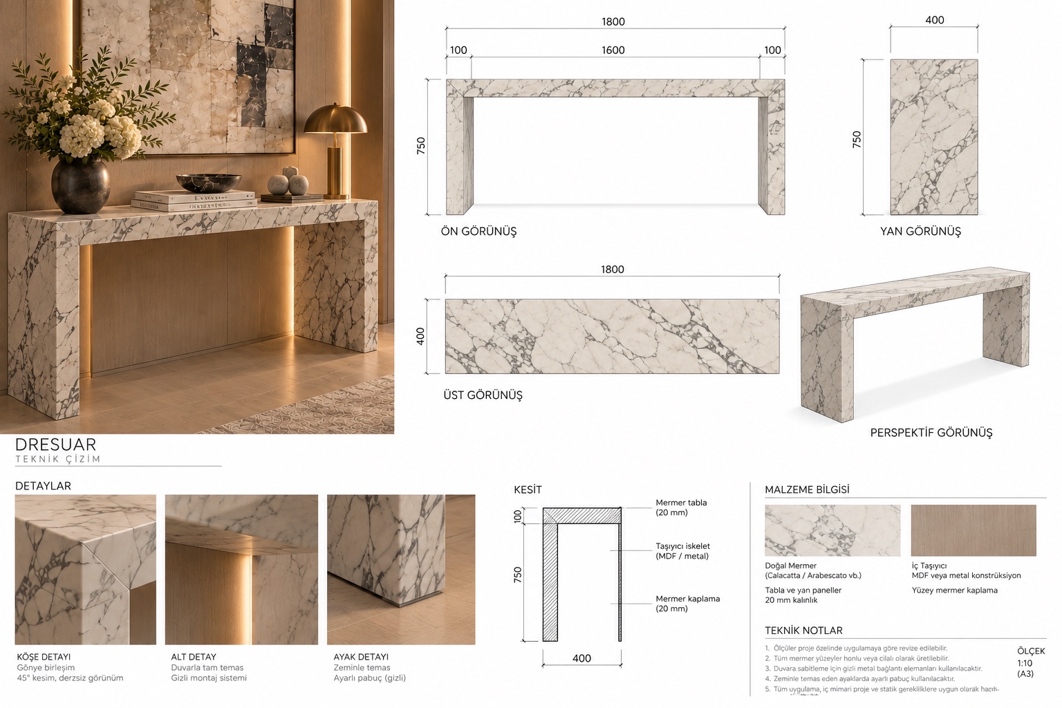 A wall-mounted marble console with mitred, seemingly seamless corners and no visible fixings.