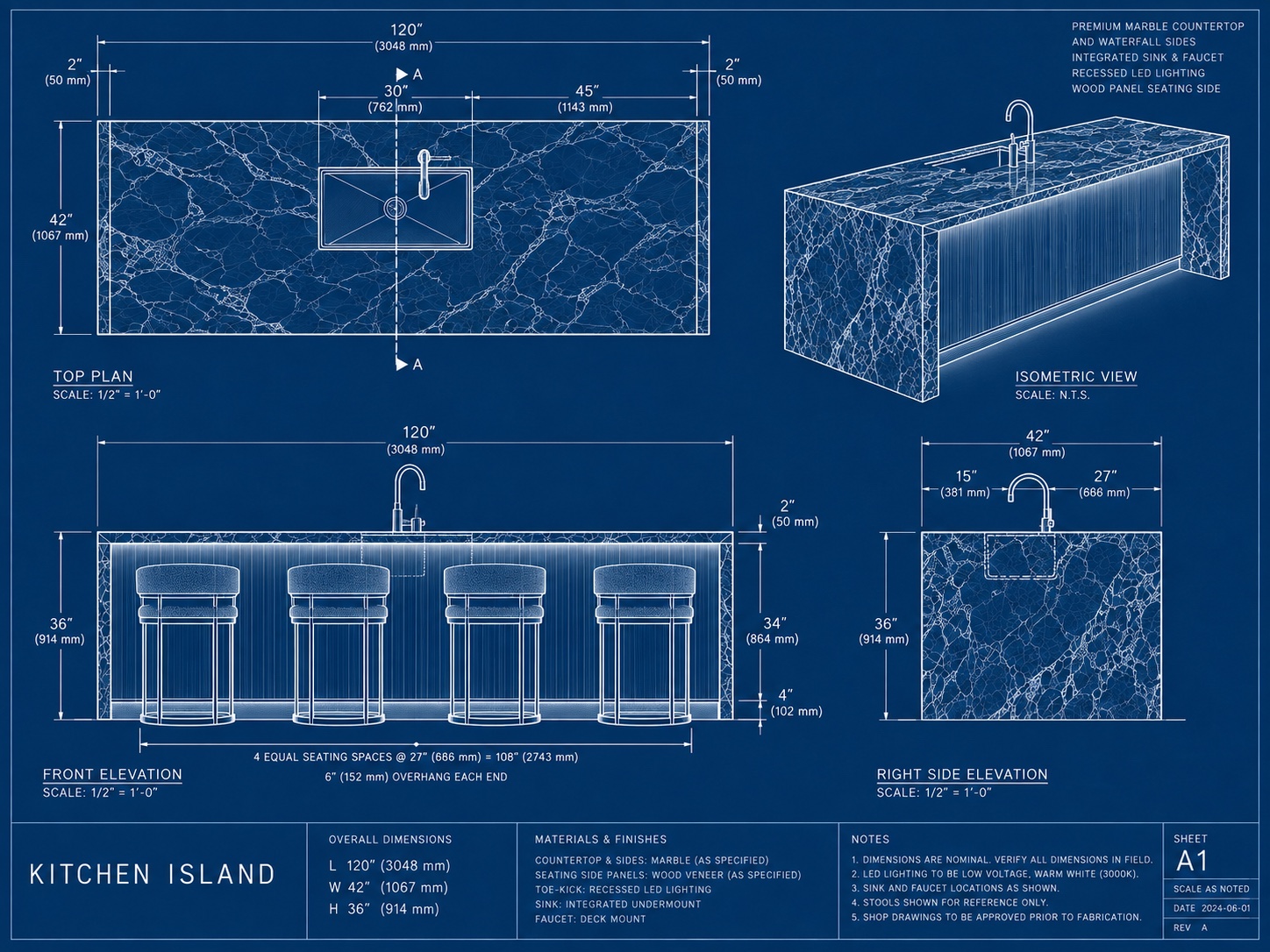 Construction drawing for Waterfall Marble Kitchen Island