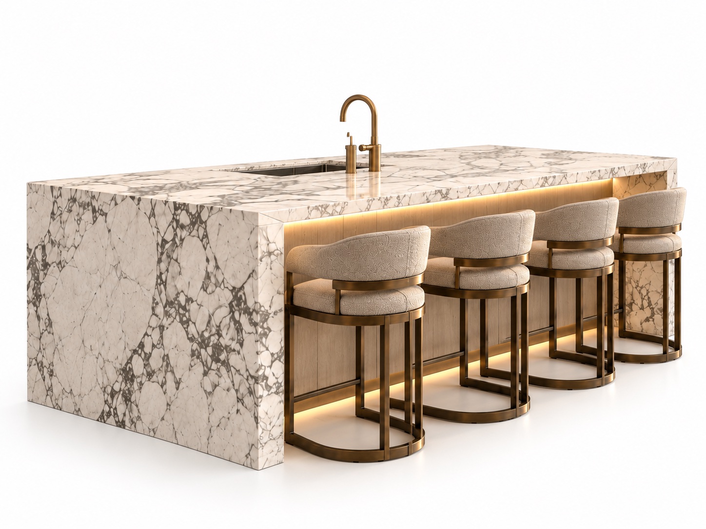 A 3-metre marble waterfall island with an integrated sink, recessed toe-kick lighting and a wood-veneer seating side.