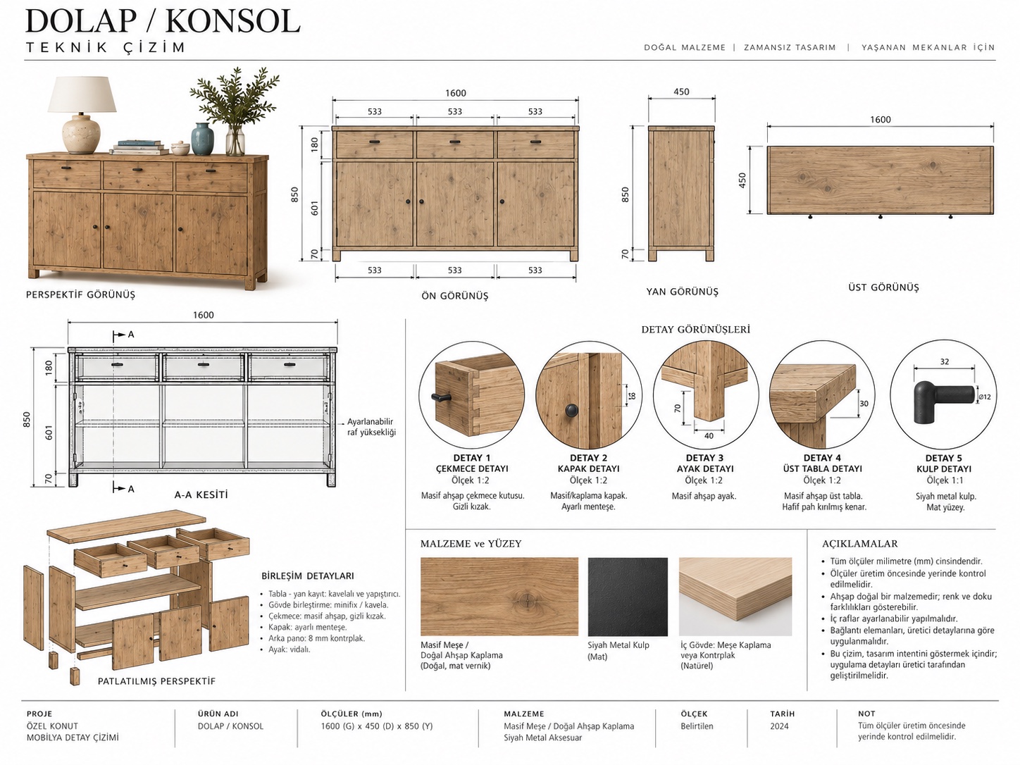 A 1.6-metre console with three drawers and adjustable interior shelving, in solid oak with matte black hardware.